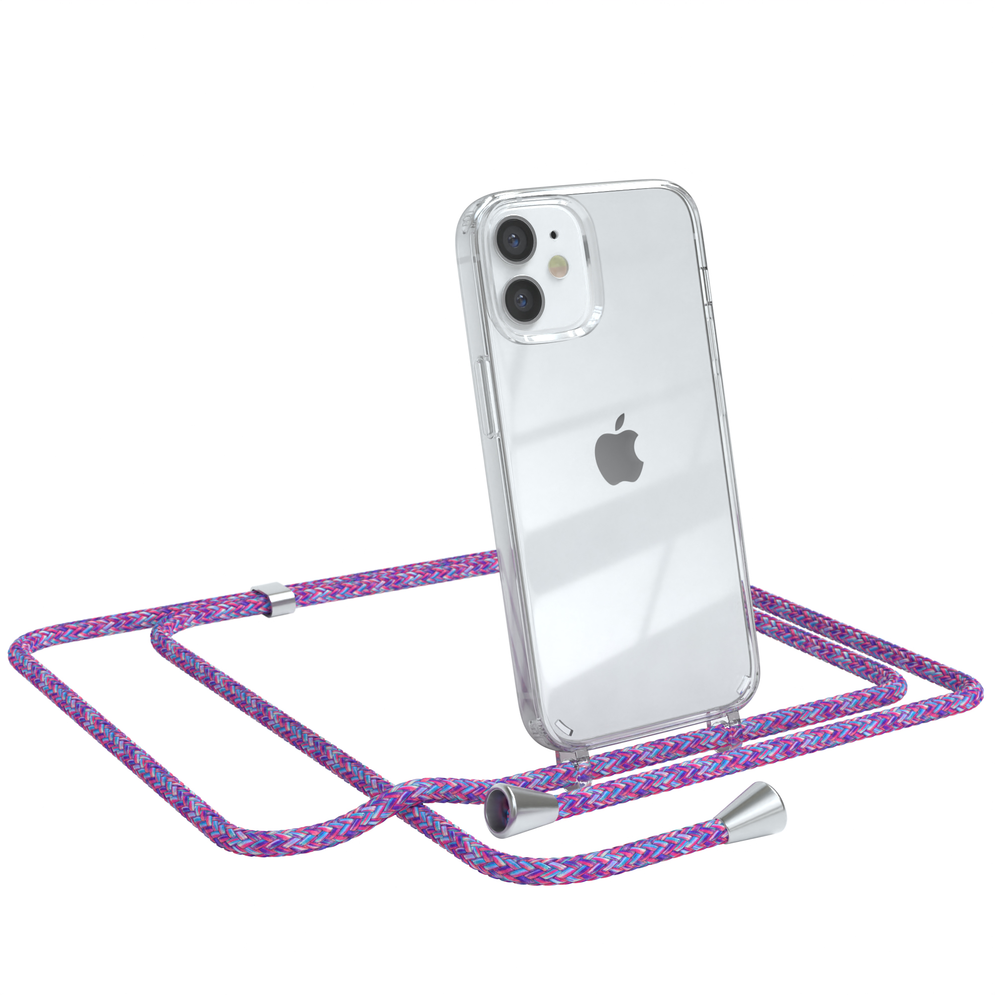 Transparente Handyhülle mit pinkfarbenem Band und Smartphone mit Kameras.
