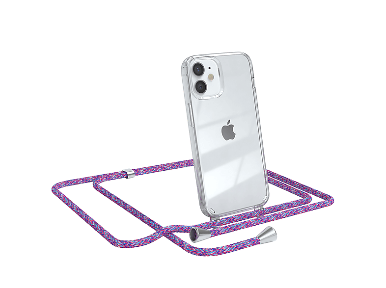 EAZY CASE Clear Cover mit Umhängeband, Umhängetasche, Apple, iPhone 12 Mini, Lila / Clips Silber