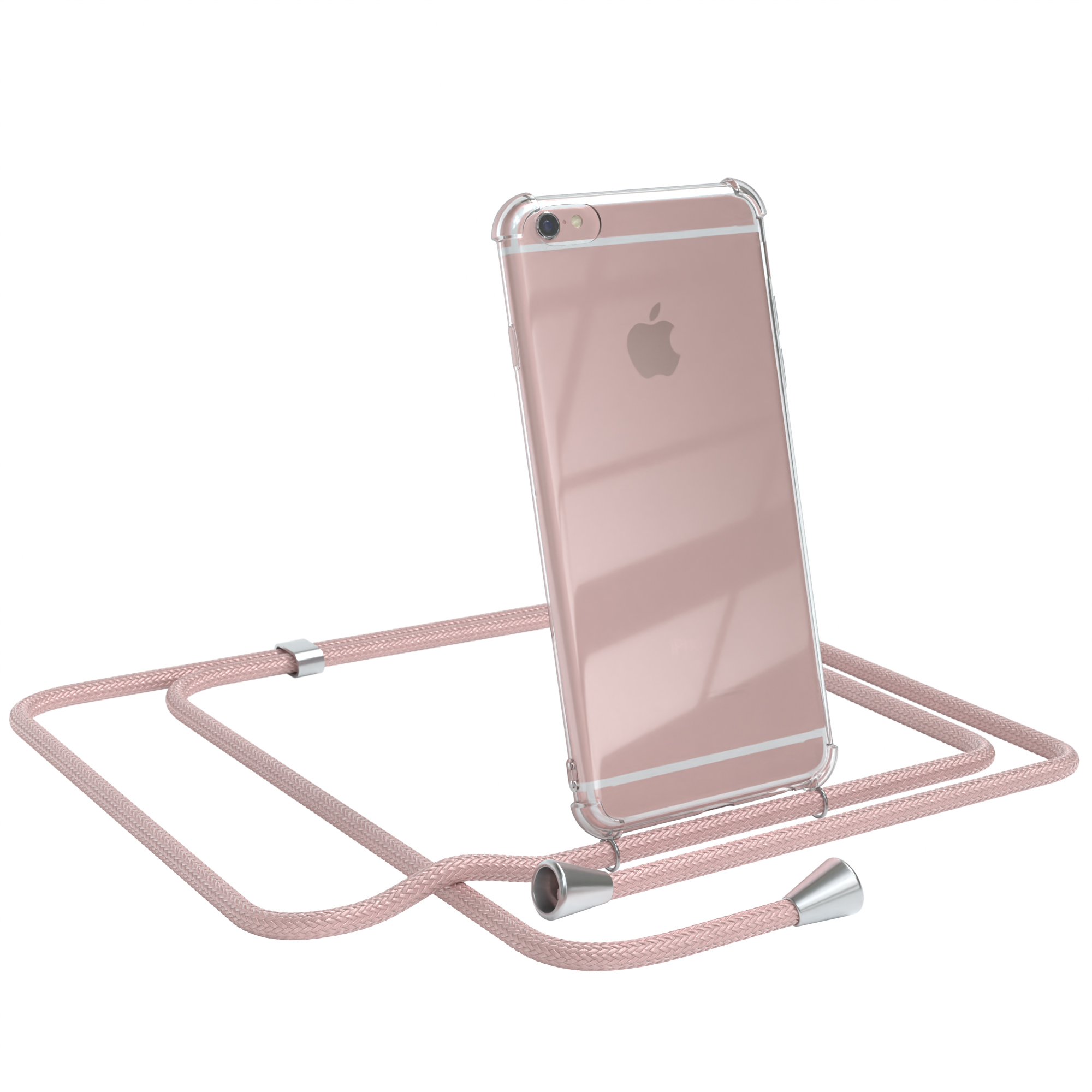 Rosa iPhone in transparenter Hülle mit rosa Handystrap auf weißem Hintergrund.