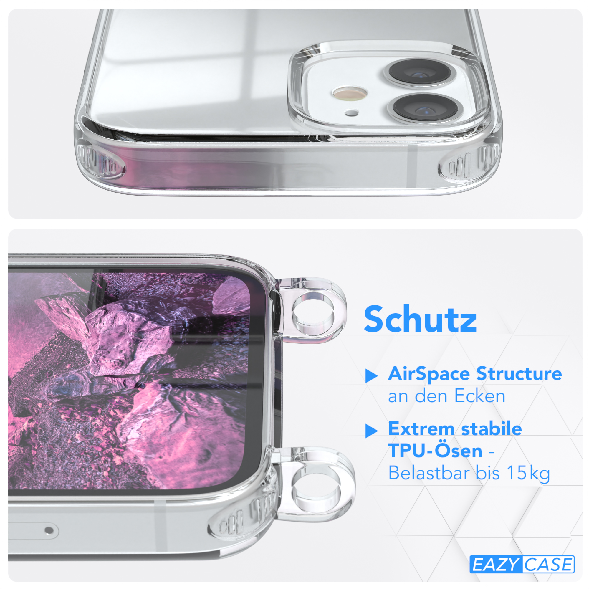 Lila CASE Clips / Silber mit Mini, iPhone Umhängetasche, 12 Clear EAZY Apple, Cover Umhängeband,