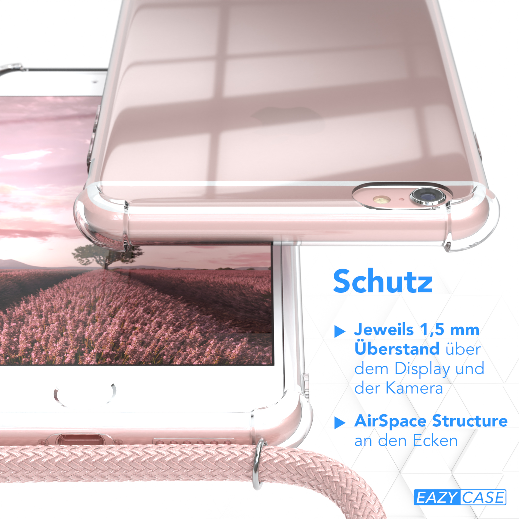 Eine transparente Handyhülle mit einem Telefon. Text: Schutz, 1,5 mm Überstand, AirSpace Structure.