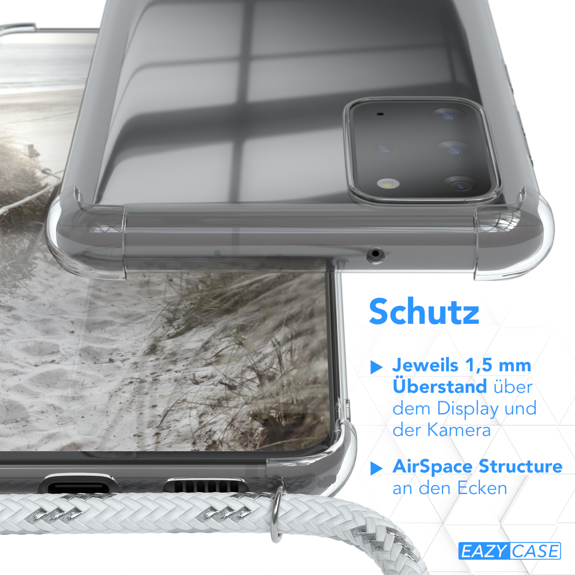 Transparente Handyhülle auf einem Telefon, weißes geflochtenes Kabel mit Sandhintergrund.