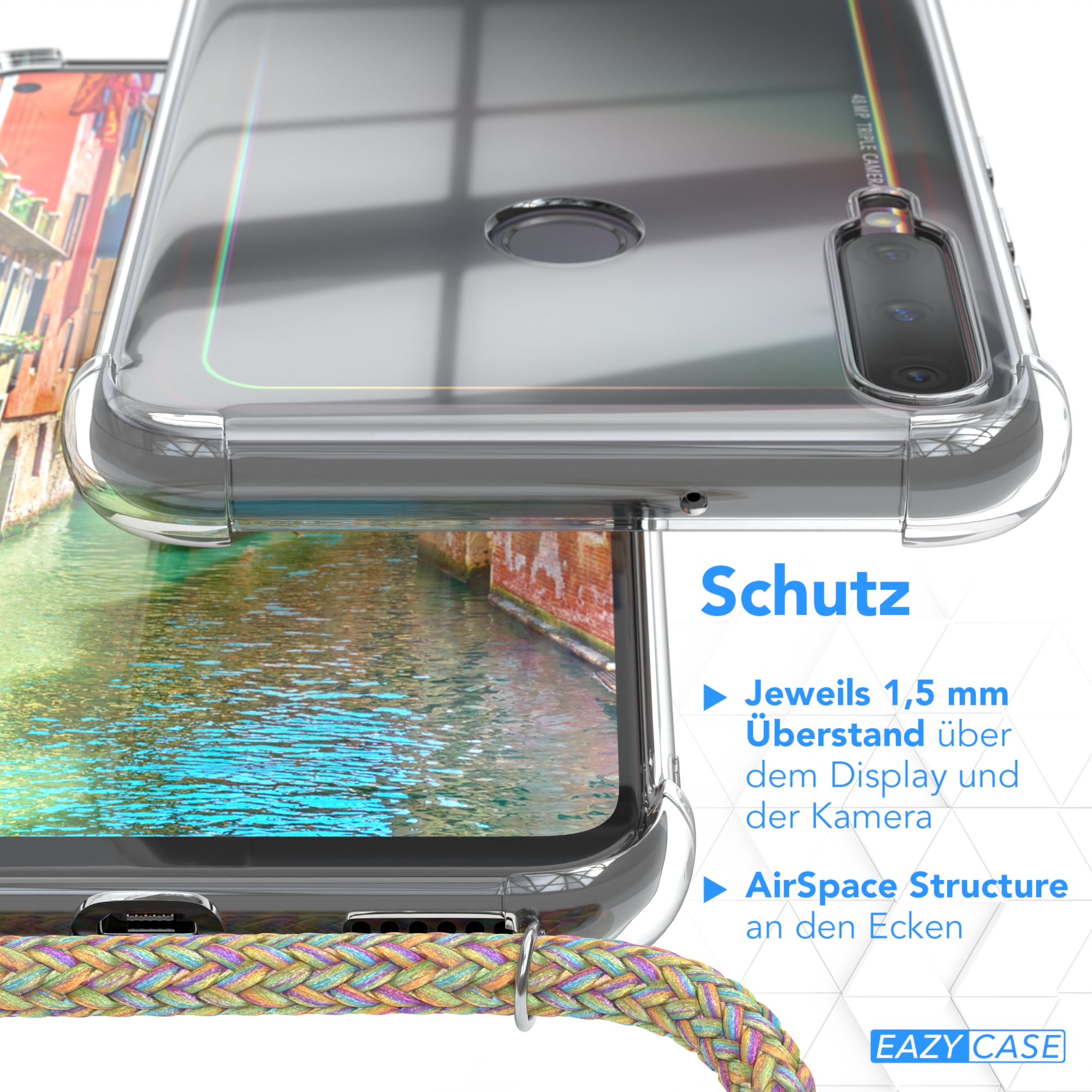 Transparente Handyhülle auf dem Telefon. Text sagt 'Schutz'. Wasserkanal-Hintergrund mit buntem Seil.