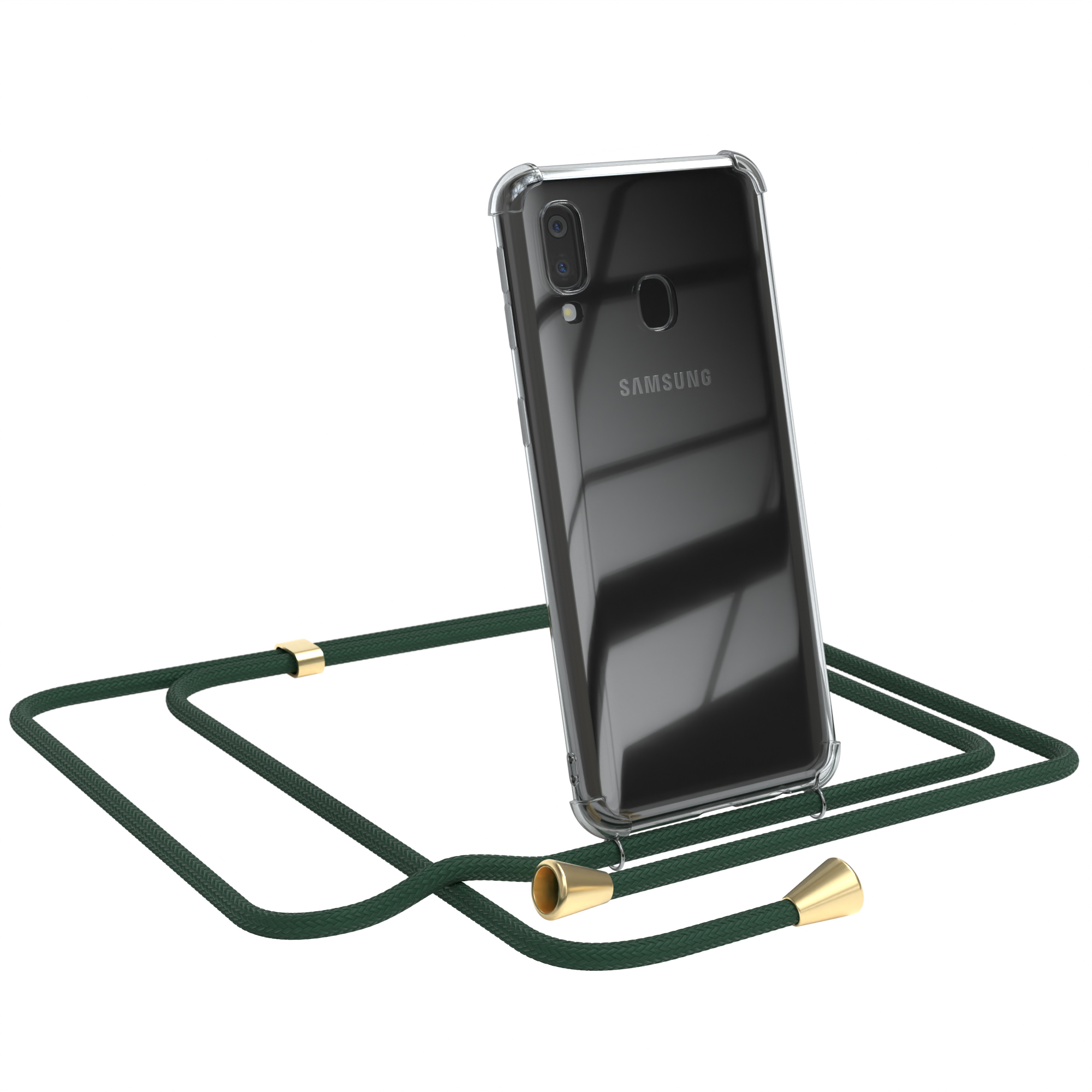 A40, Galaxy / Samsung, Cover Umhängeband, mit Gold Clear Umhängetasche, Clips EAZY Grün CASE