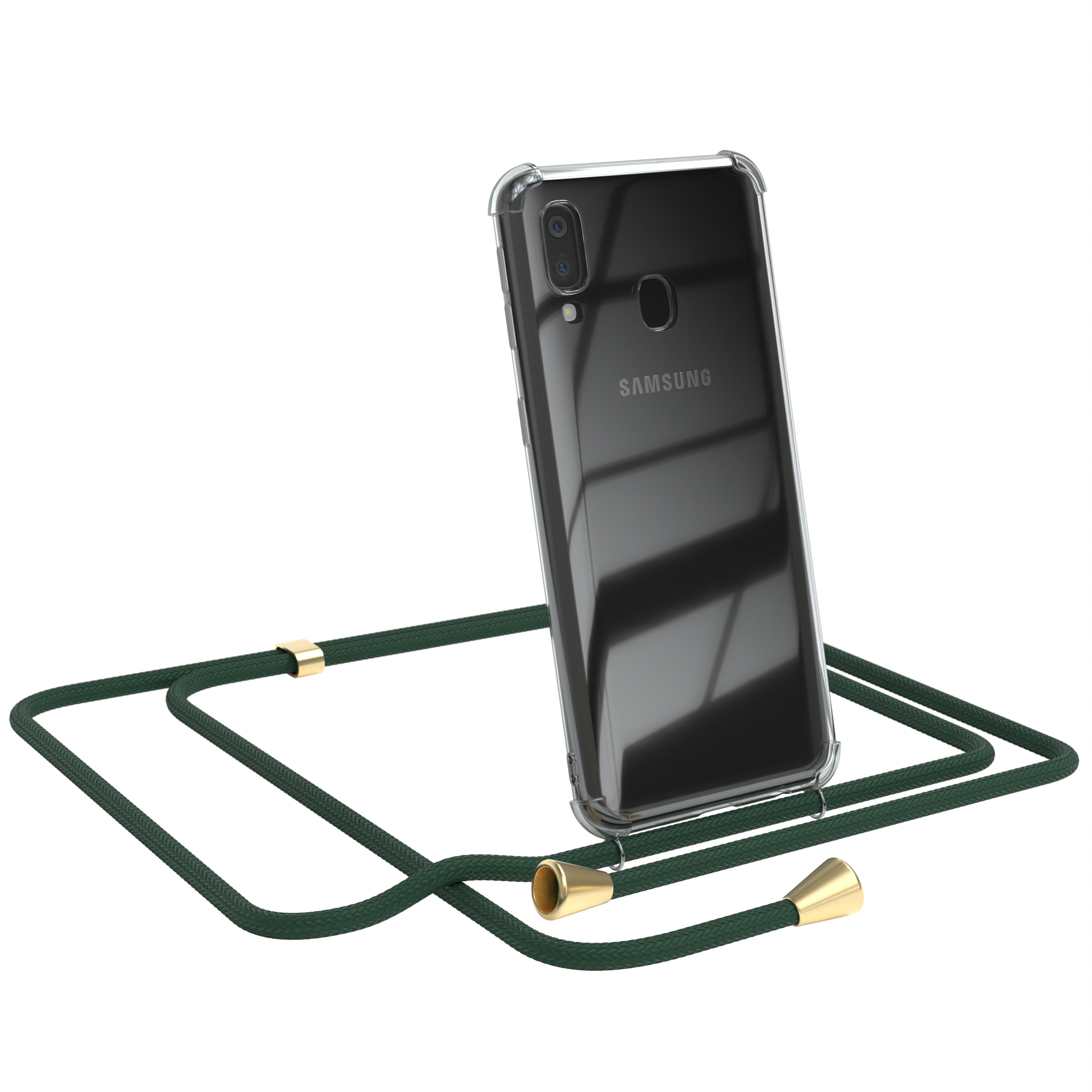Telefon in klarer Hülle mit grünem Kabel. Telefon abgewinkelt. Weißer Hintergrund.
