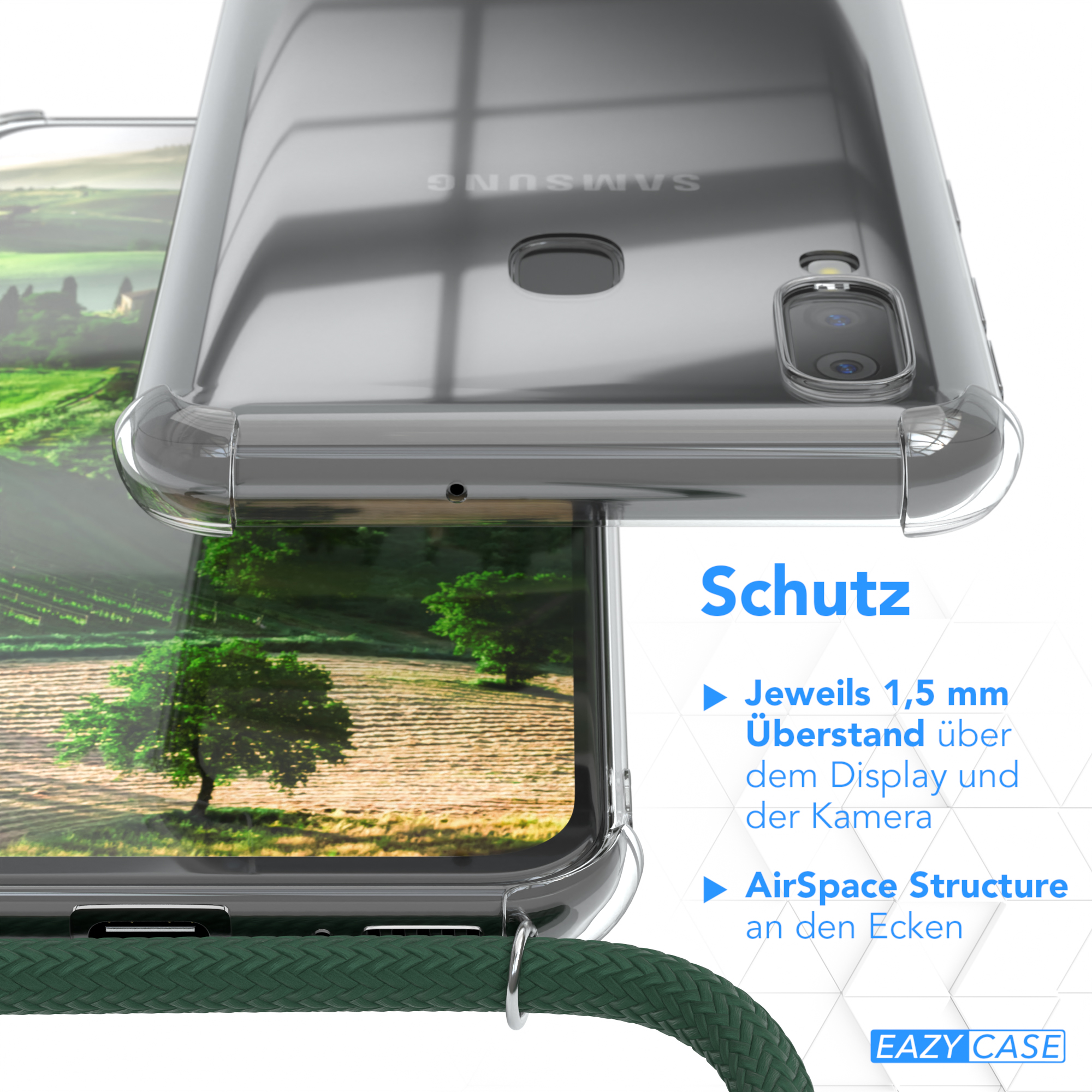 Eine transparente Handyhülle wird gezeigt. Text hebt Display- und Kameraschutz hervor.