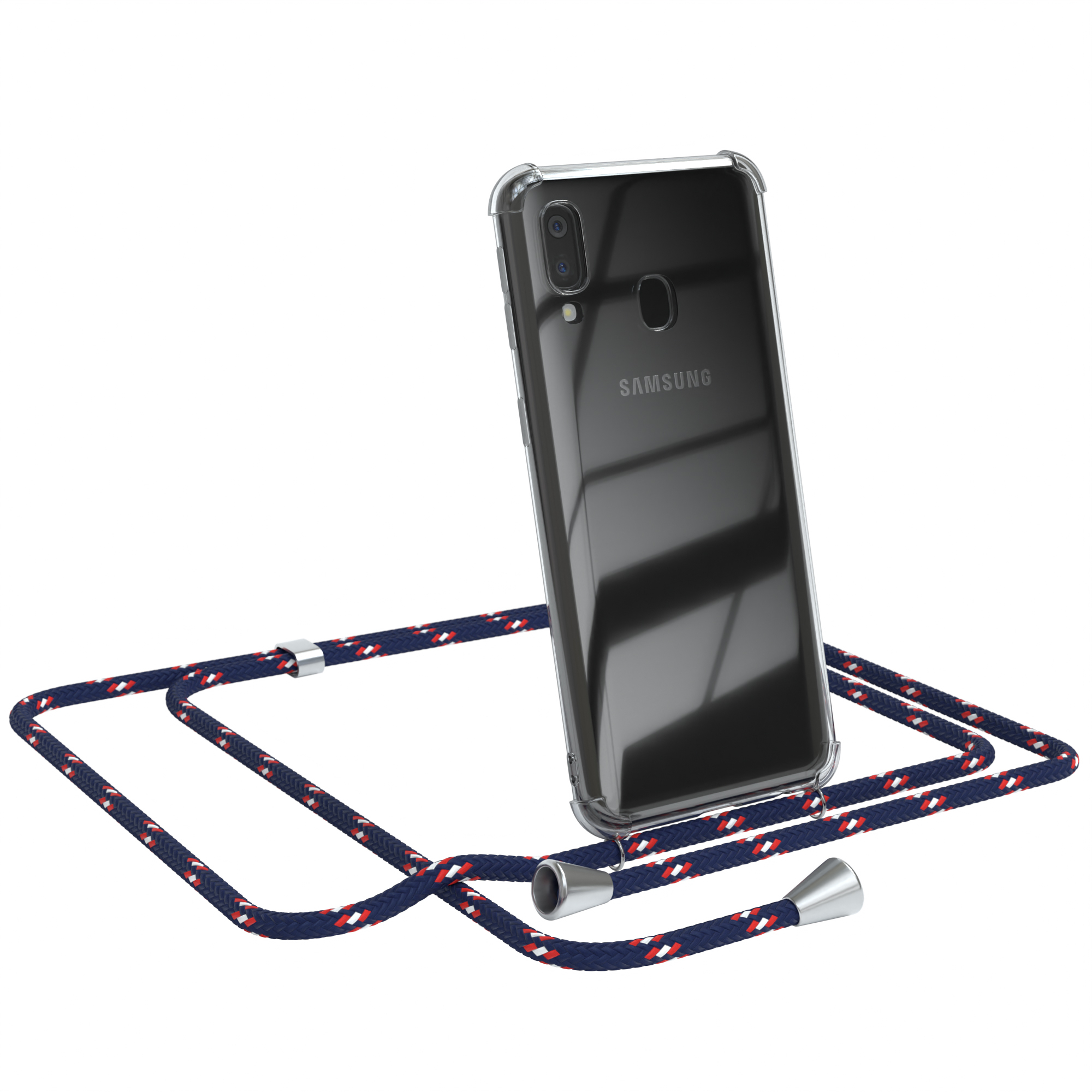 Transparente Hülle mit marineblauem Lanyard. Samsung-Telefon.