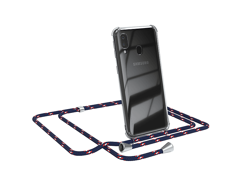 EAZY CASE Clear Cover mit Umhängeband, Umhängetasche, Samsung, Galaxy A40, Blau Camouflage / Clips Silber