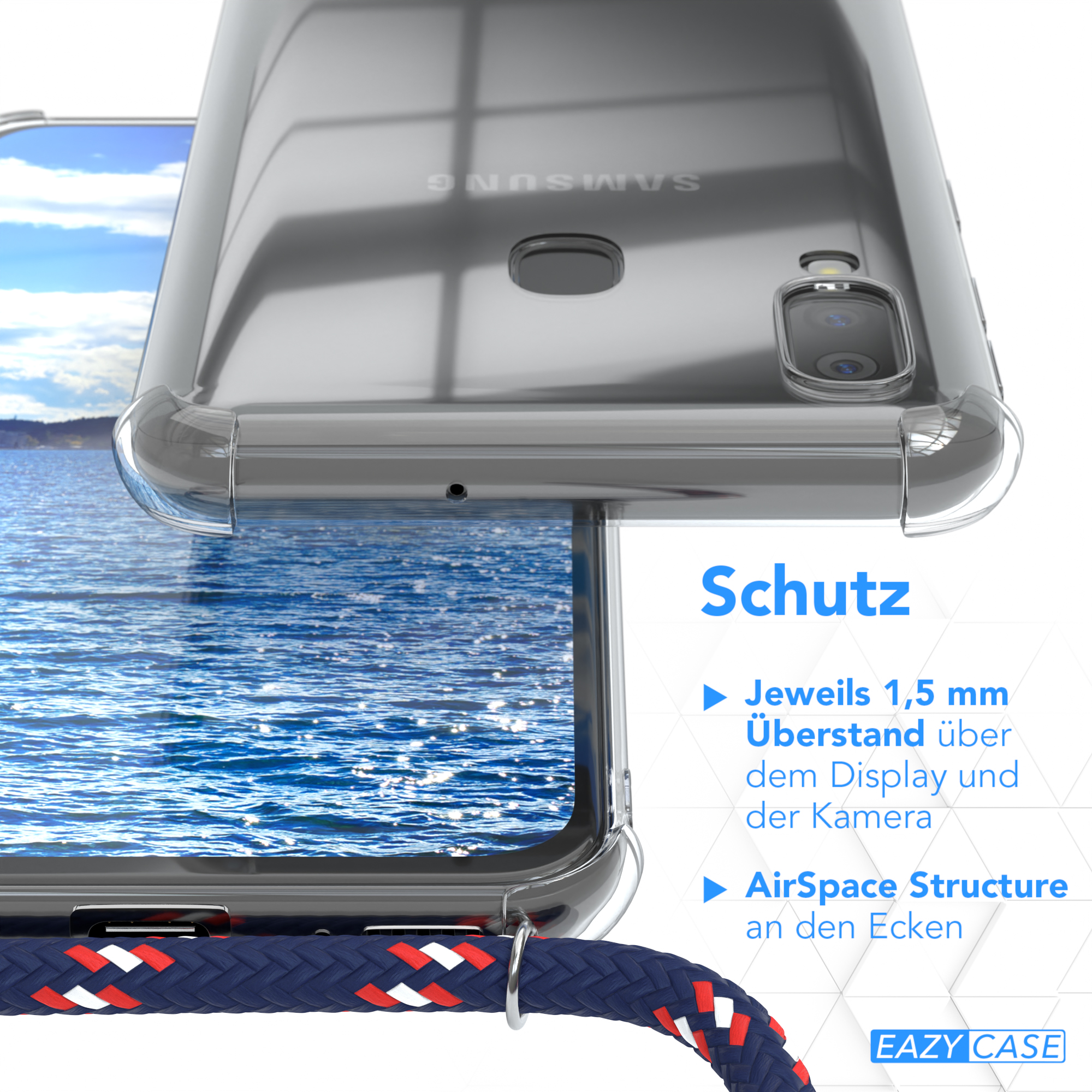 Ein klares Handycase mit blau-rotem Band wird gezeigt. Text: Schutz.