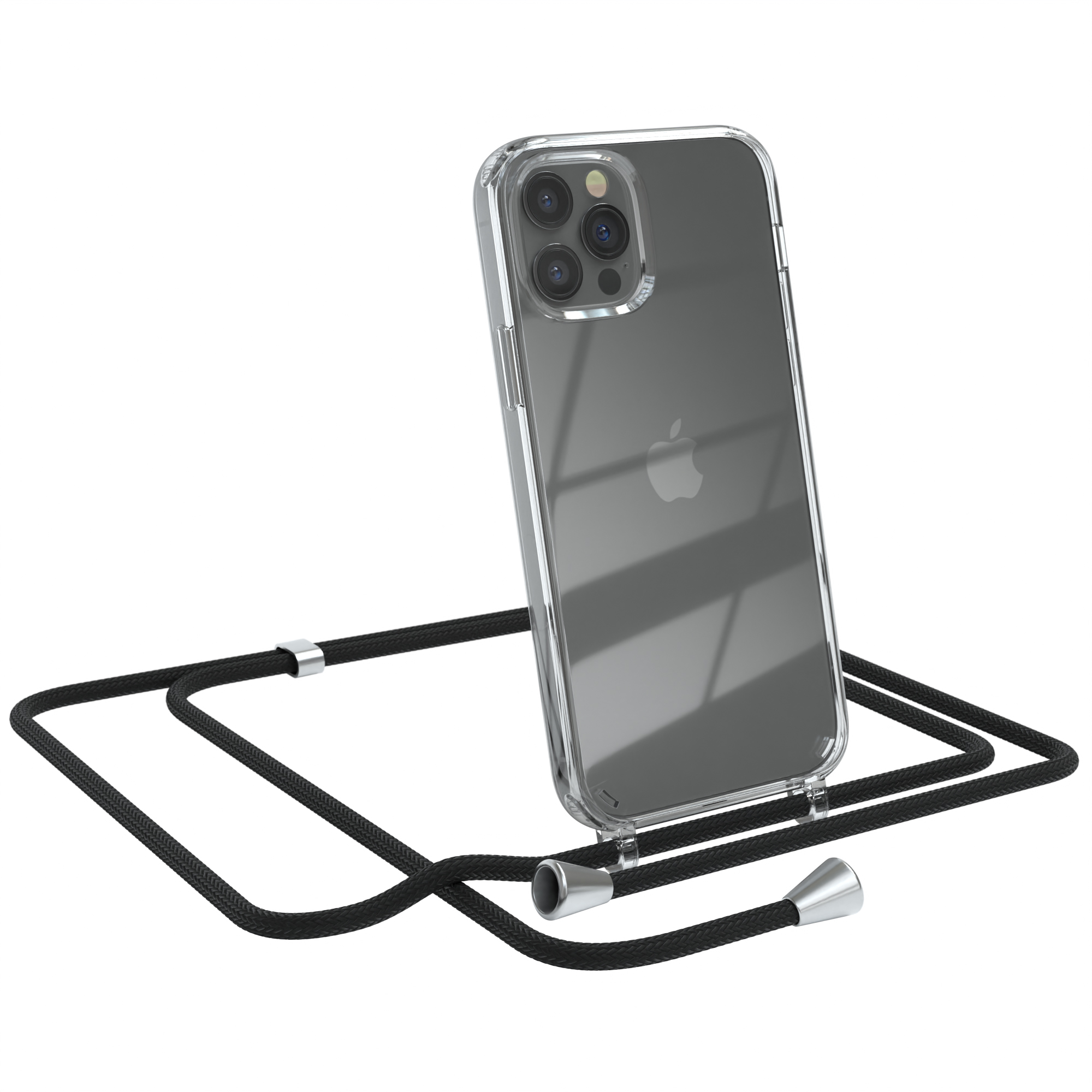 Transparente Handyhülle mit schwarzem Lanyard. iPhone sichtbar. Weißer Hintergrund.