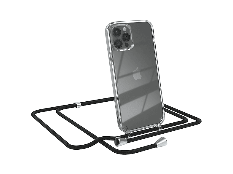 EAZY CASE Clear Cover mit Umhängeband, Umhängetasche, Apple, iPhone 12 / 12 Pro, Schwarz / Clips Silber