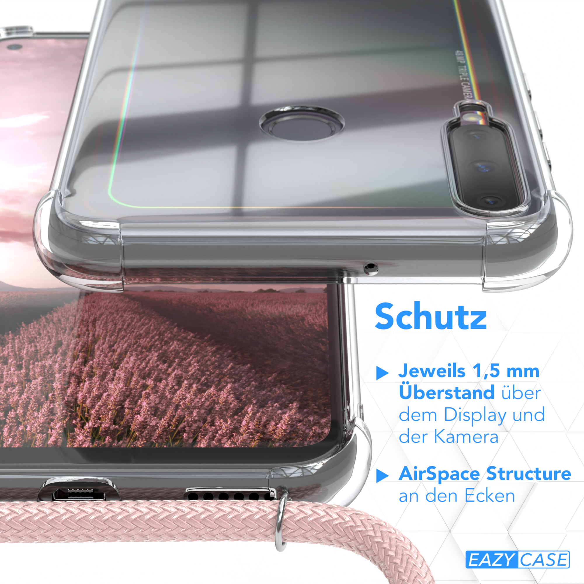 EAZY CASE Clear Cover Huawei, Umhängeband, Lite mit Umhängetasche, Silber Rosé / Clips P40 E