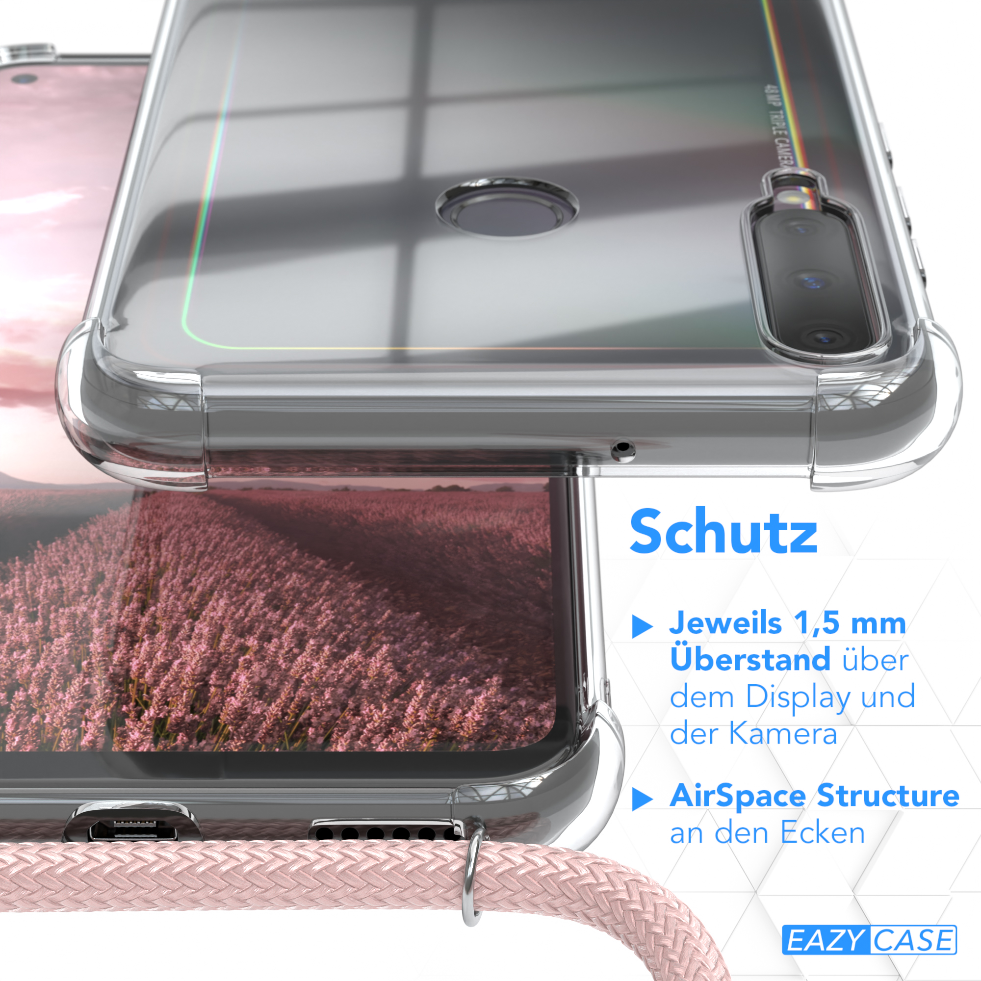 Telefon mit transparenter Hülle, rosa Schlüsselband und Text über Display- und Kameraschutz.