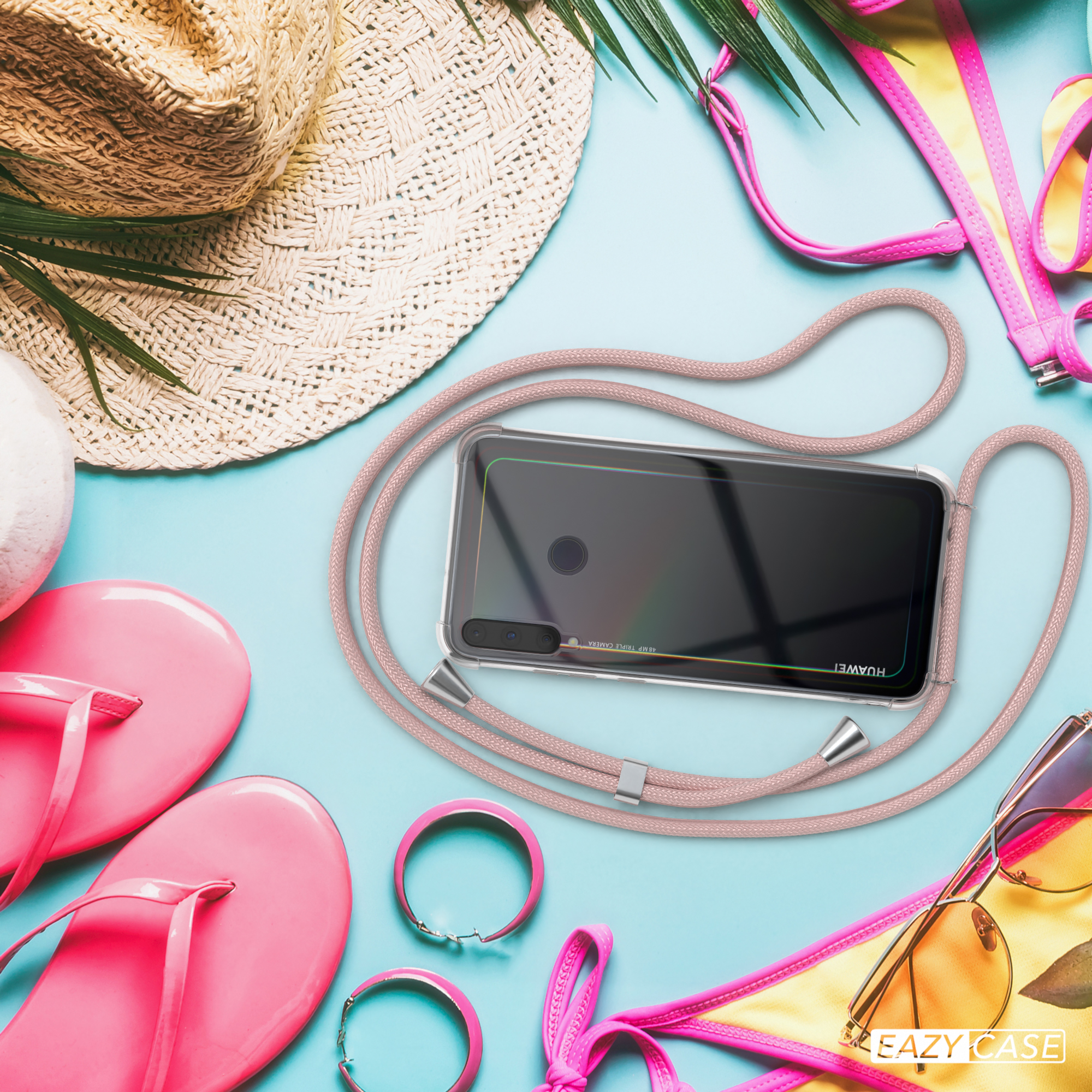 Ein Telefon mit rosa Band, Sonnenbrille, Hut und Flip-Flops auf blauer Oberfläche. Eazy Case-Logo sichtbar.