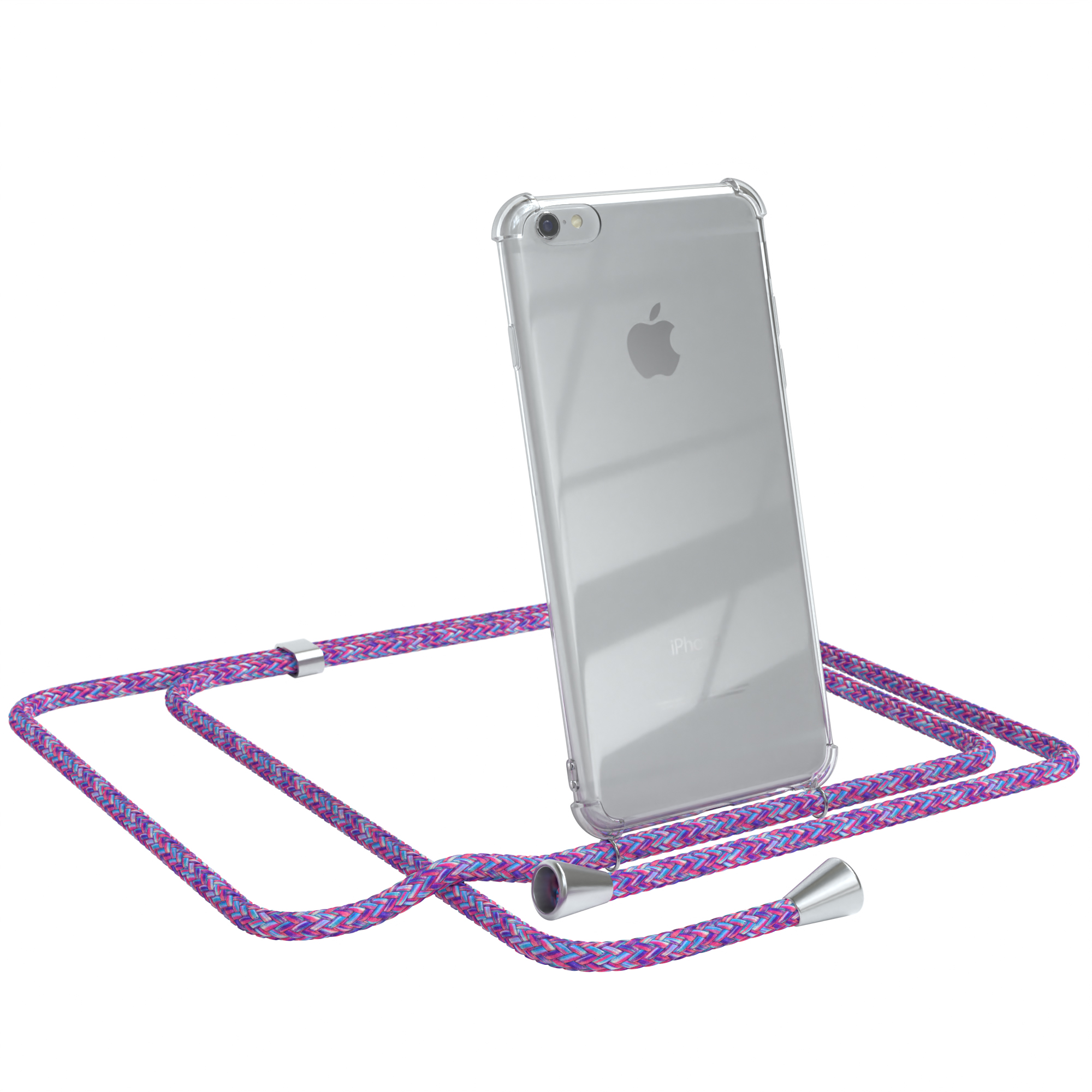 Transparente Handyhülle mit rosa und blauem Umhängeband. Das Telefon ist auf weißem Hintergrund abgewinkelt.
