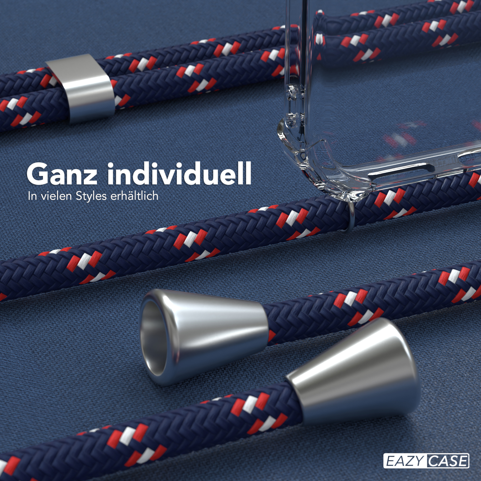 Nahaufnahme einer Handyhülle und eines Kabels. Das Kabel ist blau mit weißen und roten Mustern.