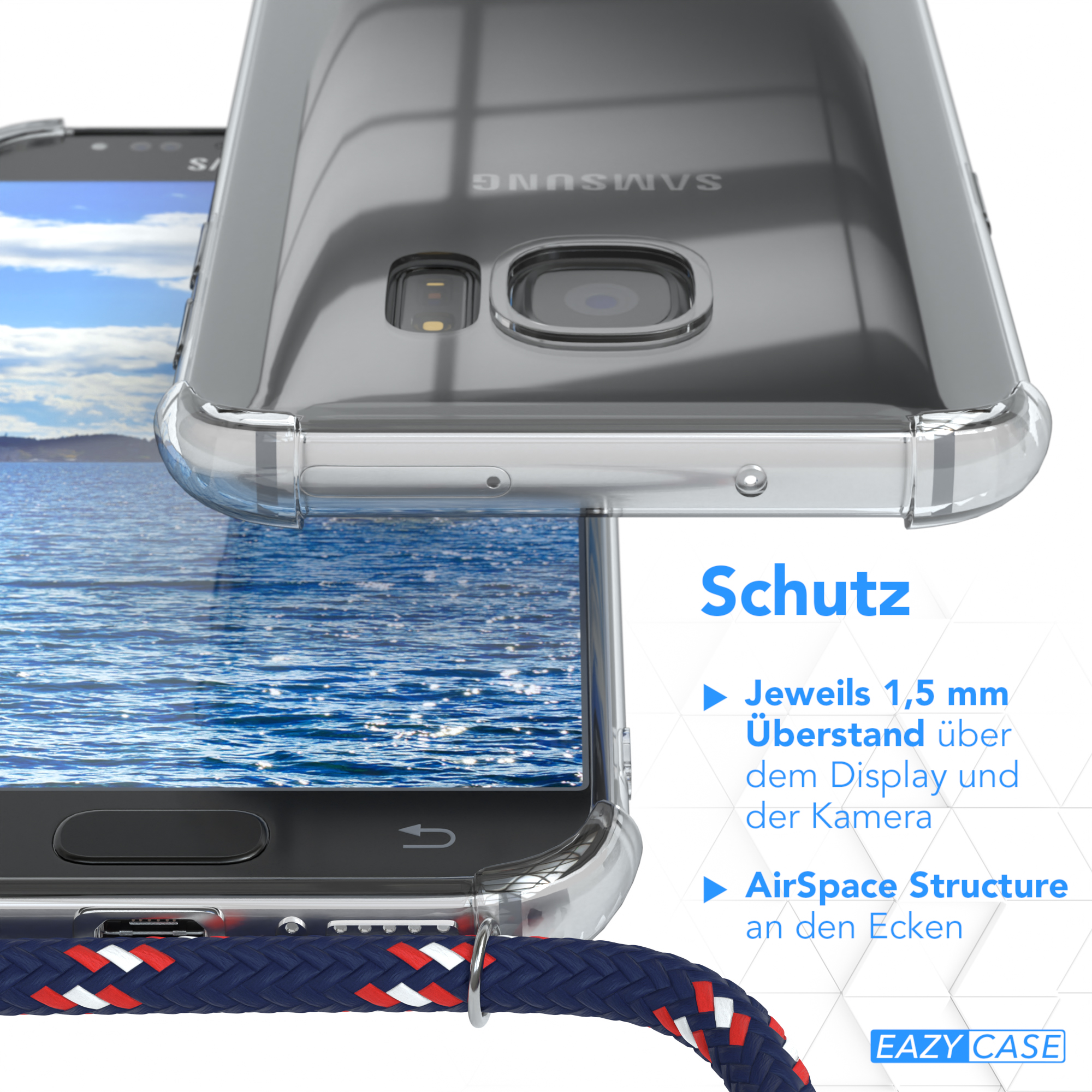 Transparente Handyhülle auf einem Telefon, die Schutzmerkmale und Text über das Produkt zeigt.