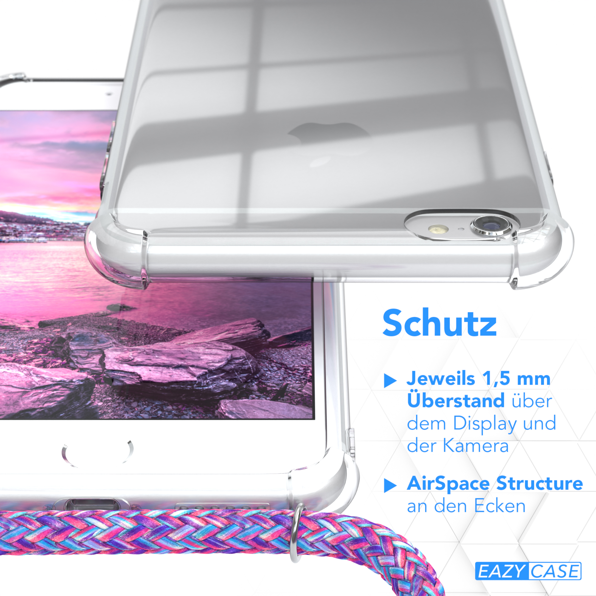 Transparente Handyhülle auf einem weißen Telefon mit farbenfrohem Gurt.