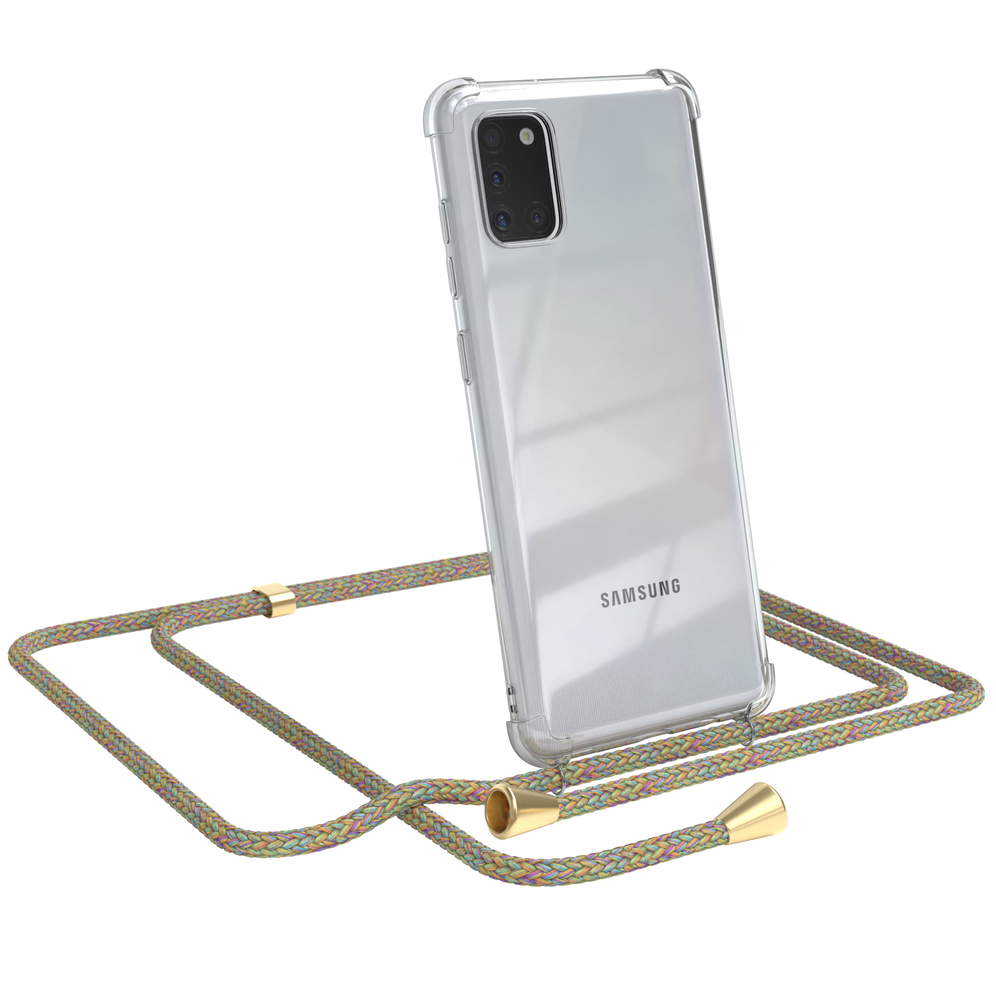 Transparente Hülle mit mehrfarbigem Band. Samsung-Handy sichtbar. Weißer Hintergrund.