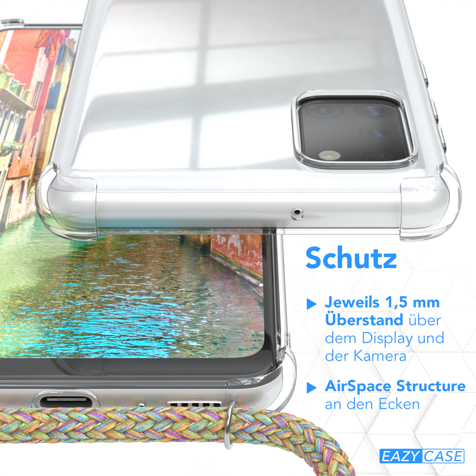 Transparente Handyhülle mit verstärkten Ecken. Nahaufnahme, zeigt Designmerkmale der Hülle.
