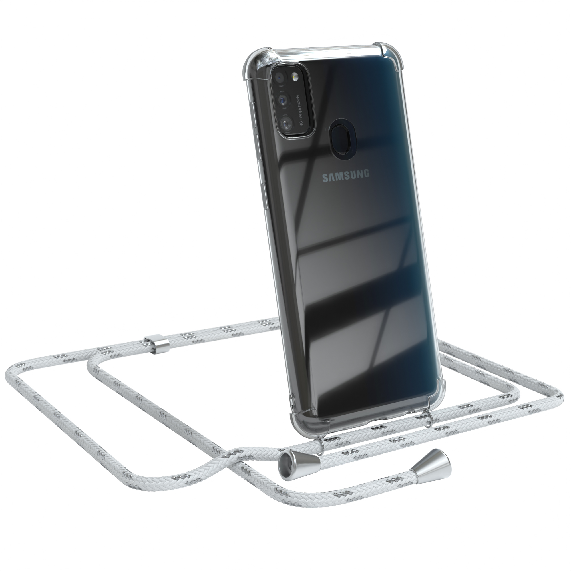 Transparente Handyhülle mit weißem Kabel. Telefon ist angewinkelt, mit Samsung-Logo auf der Rückseite.