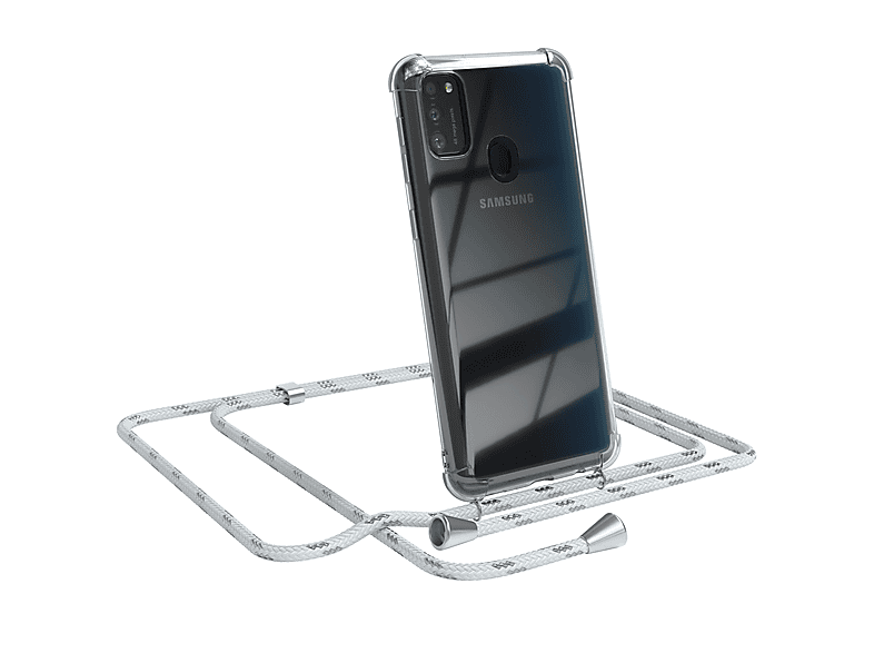 EAZY CASE Clear Cover mit Umhängeband, Umhängetasche, Samsung, Galaxy M30s / M21, Weiß / Clips Silber