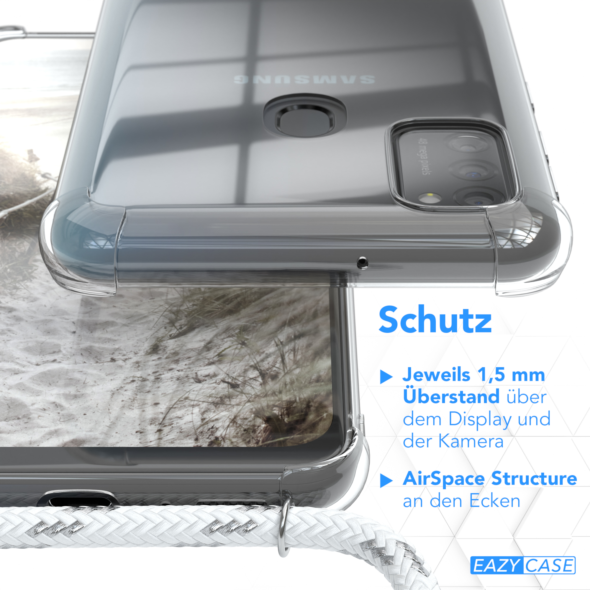 Clips CASE Galaxy / Clear mit EAZY Weiß Umhängetasche, M21, Silber Cover Umhängeband, / Samsung, M30s