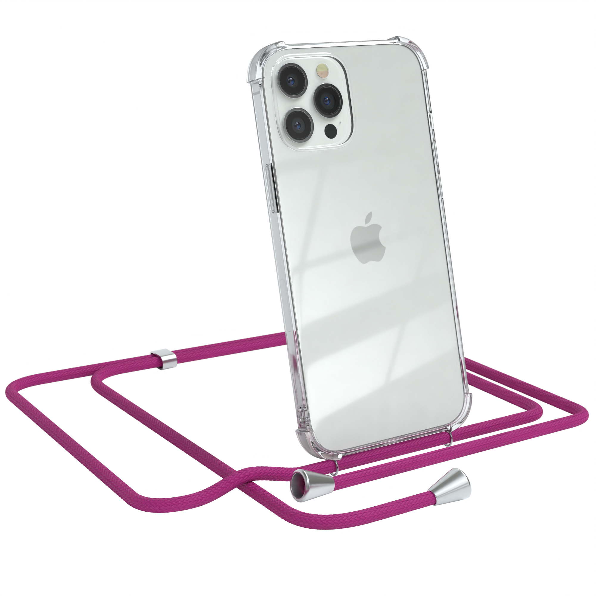 iPhone in klarer Hülle mit pinkfarbenem Lanyard. Weißer Hintergrund.