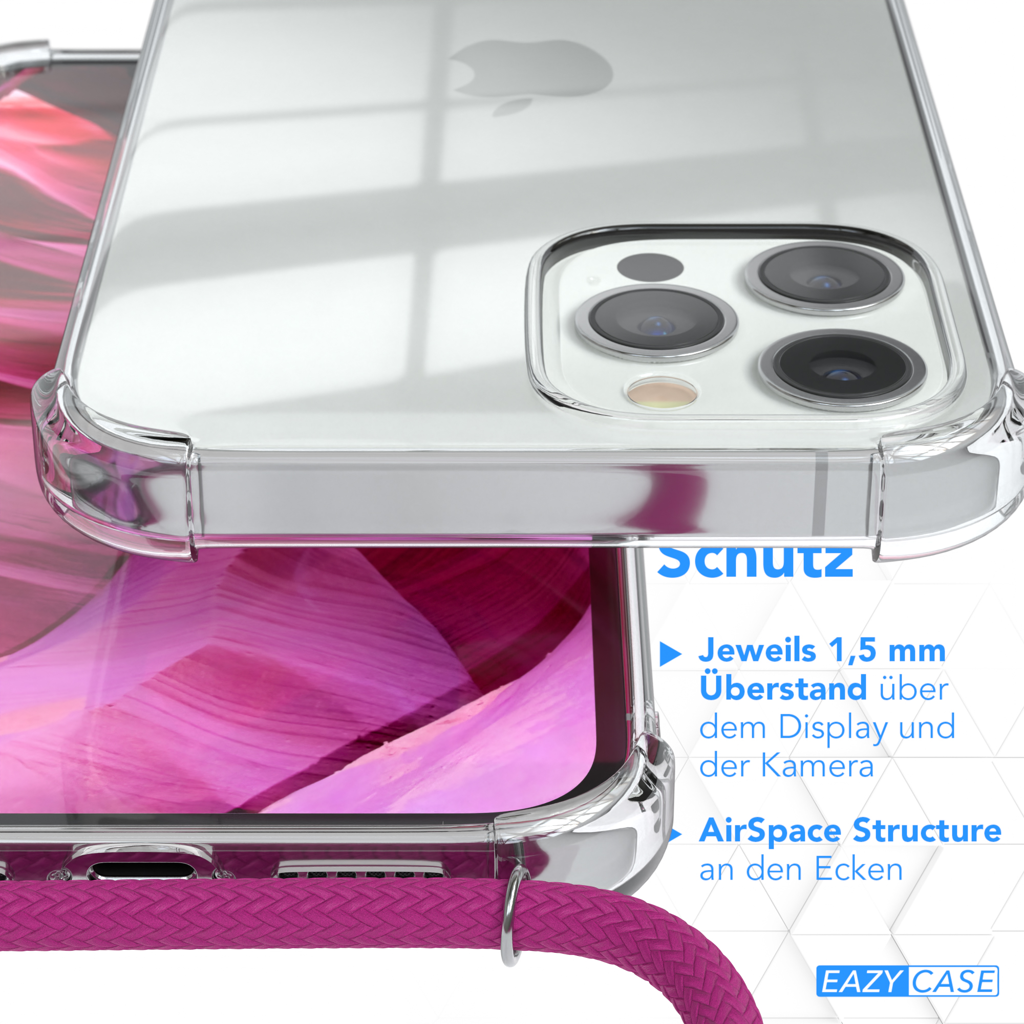 EAZY CASE Clear mit iPhone Pink Umhängetasche, Cover Max, Pro Apple, Silber 12 Clips / Umhängeband