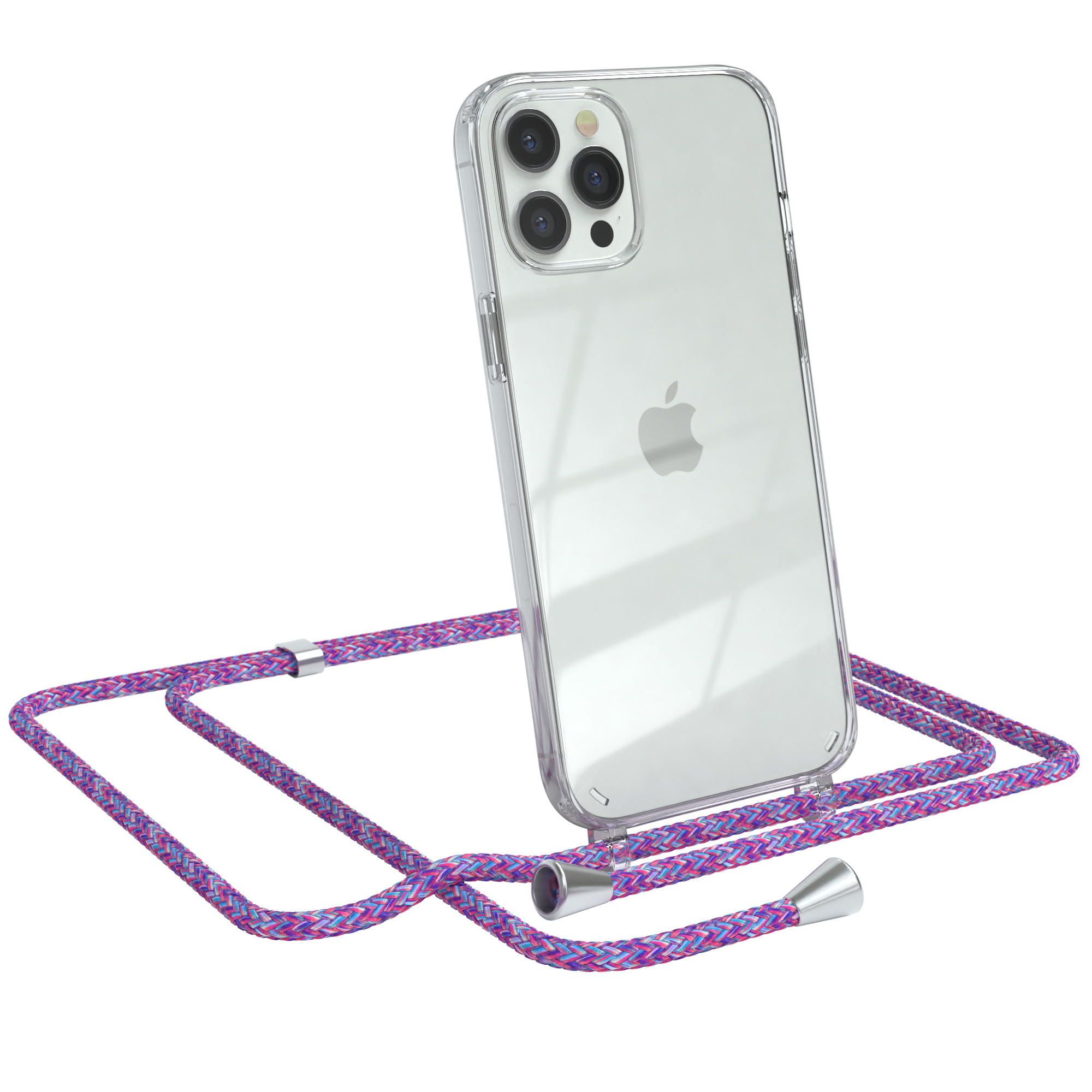 Klare Handyhülle mit Lanyard. Das Lanyard ist lila mit blauen und rosa Akzenten.