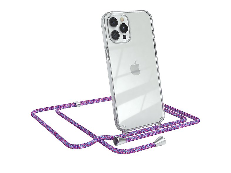 EAZY CASE Clear Cover mit Umhängeband, Umhängetasche, Apple, iPhone 12 Pro Max, Lila / Clips Silber