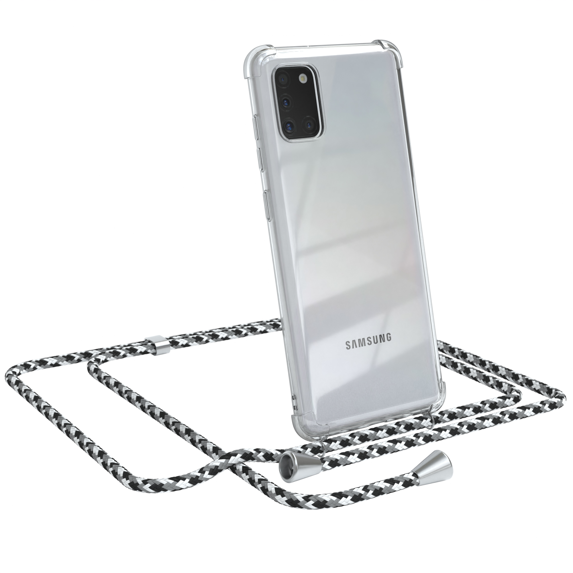 Transparente Handyhülle mit Handy. Telefon hat Kameras und schwarz-weißen Gurt.
