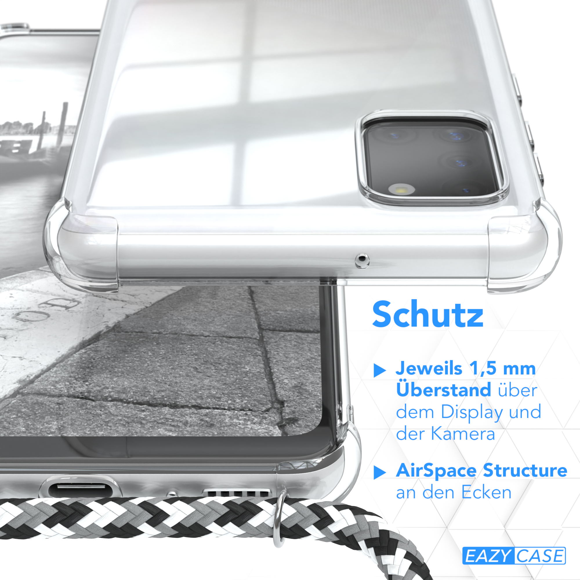 Nahaufnahme einer Handyhülle. Text: Schutz. Airspace Structure.