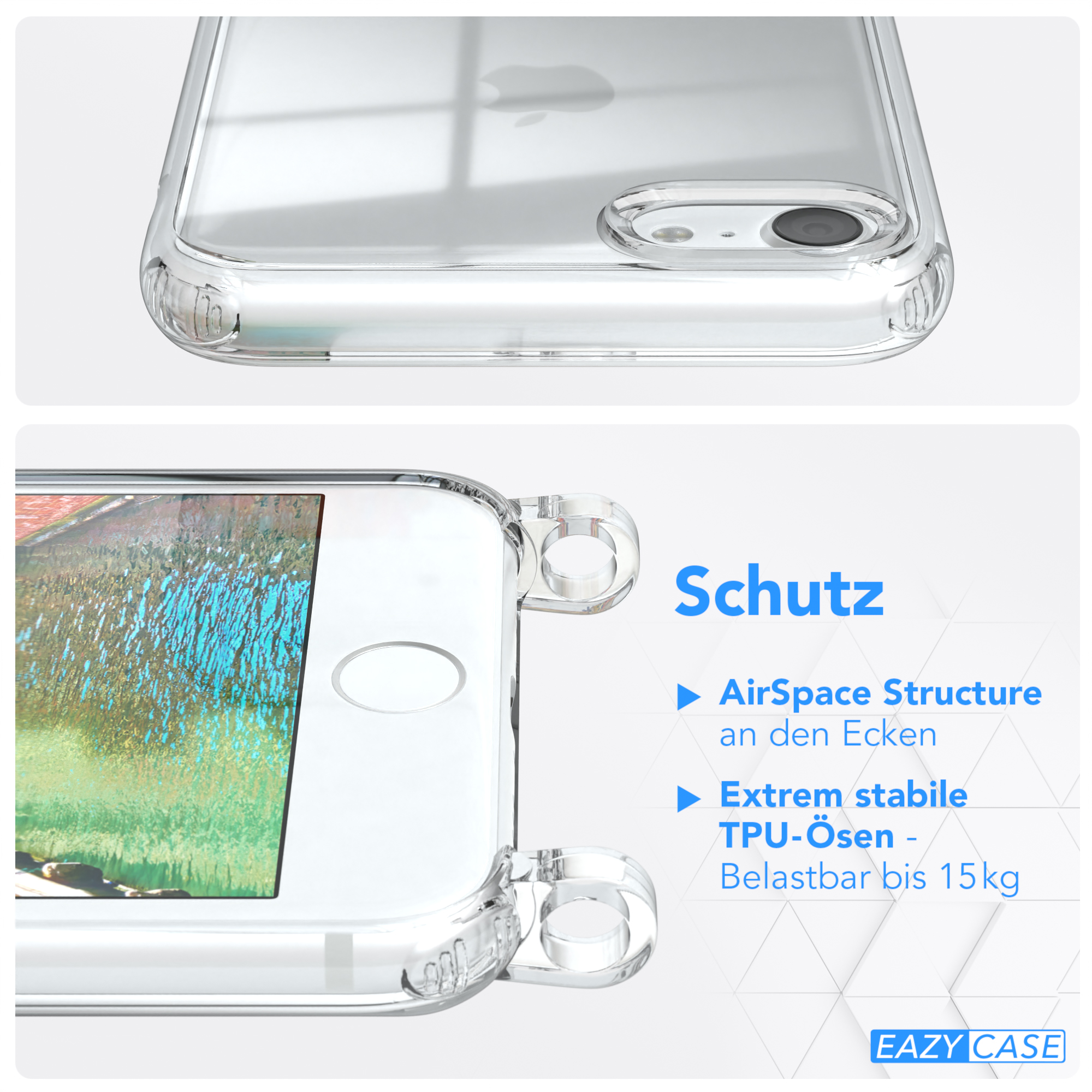 Transparente Handyhülle. Text: Schutz. Details der Hülle.
