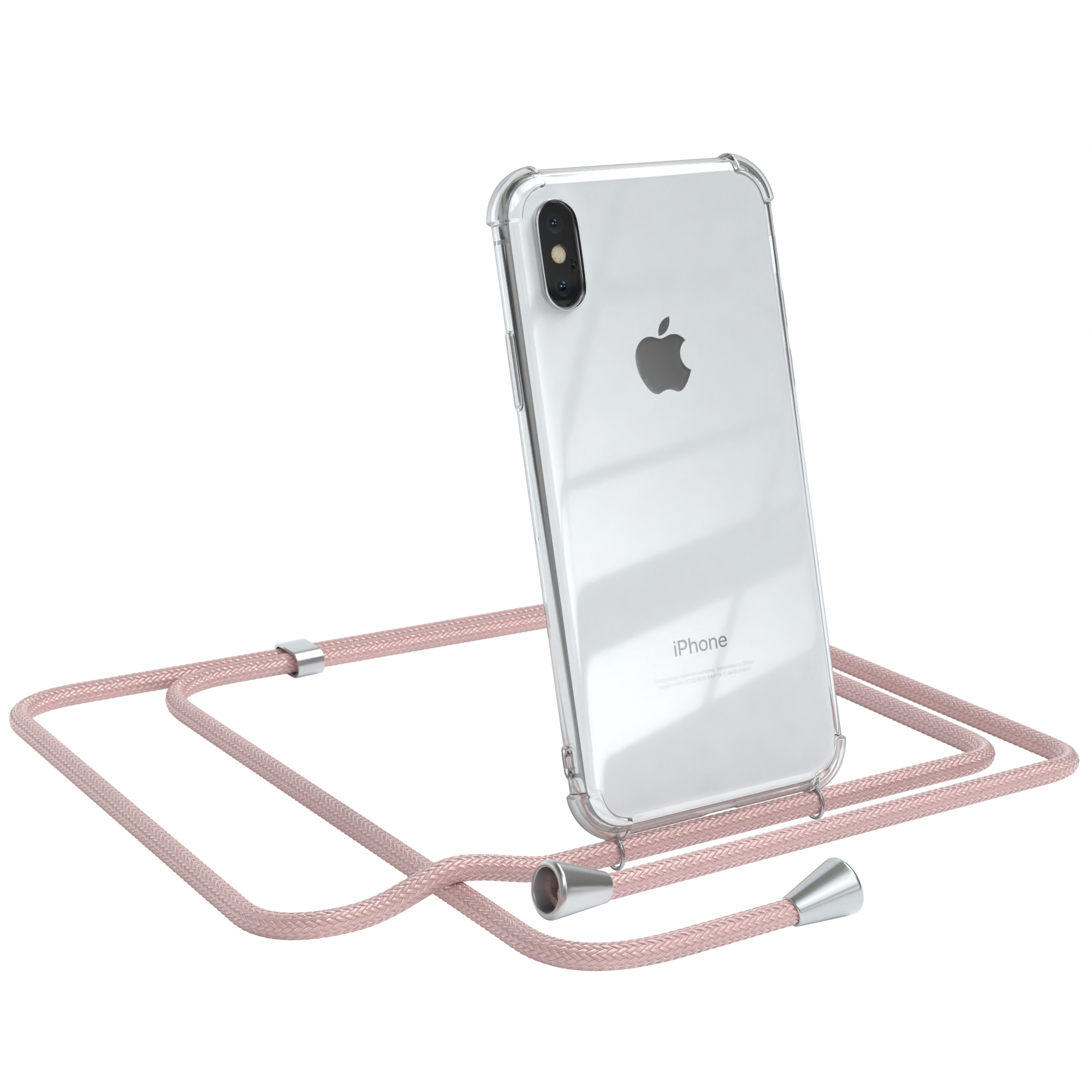 Telefon mit transparentem Gehäuse und rosa Riemen. iPhone mit einer einzelnen Kamera.