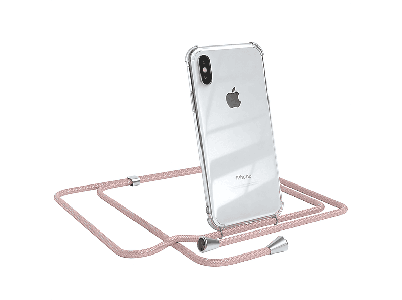 EAZY CASE Clear Cover mit Umhängeband, Umhängetasche, Apple, iPhone X / XS, Rosé / Clips Silber