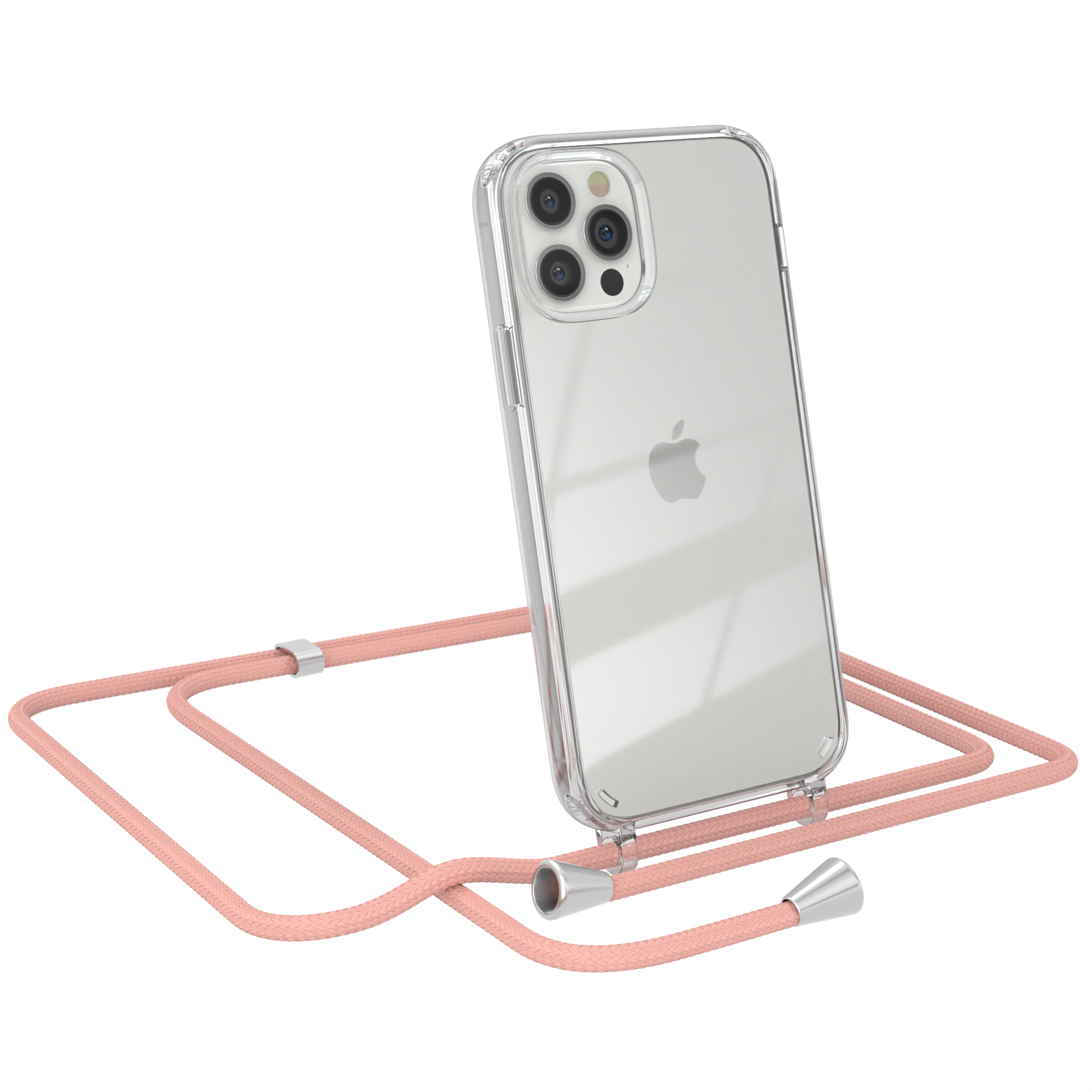 Transparente Handyhülle mit pinkfarbenem Umhängeband, Apple-Logo. Weißer Hintergrund.