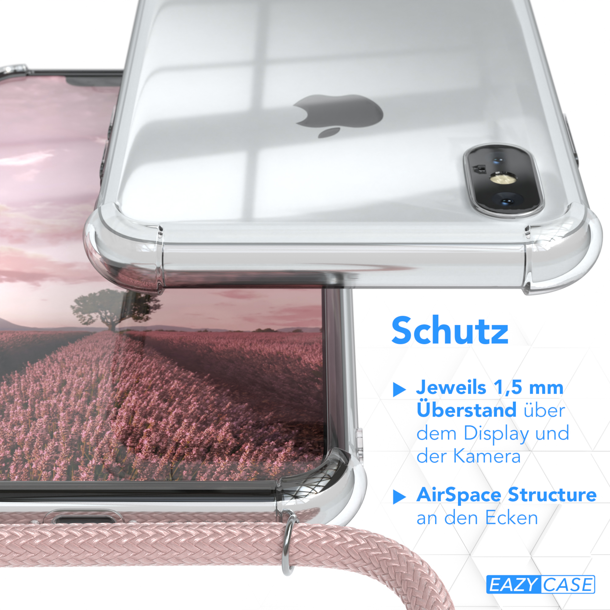 EAZY CASE Clear Cover XS, Umhängeband, Silber X / Umhängetasche, Clips mit Rosé / Apple, iPhone