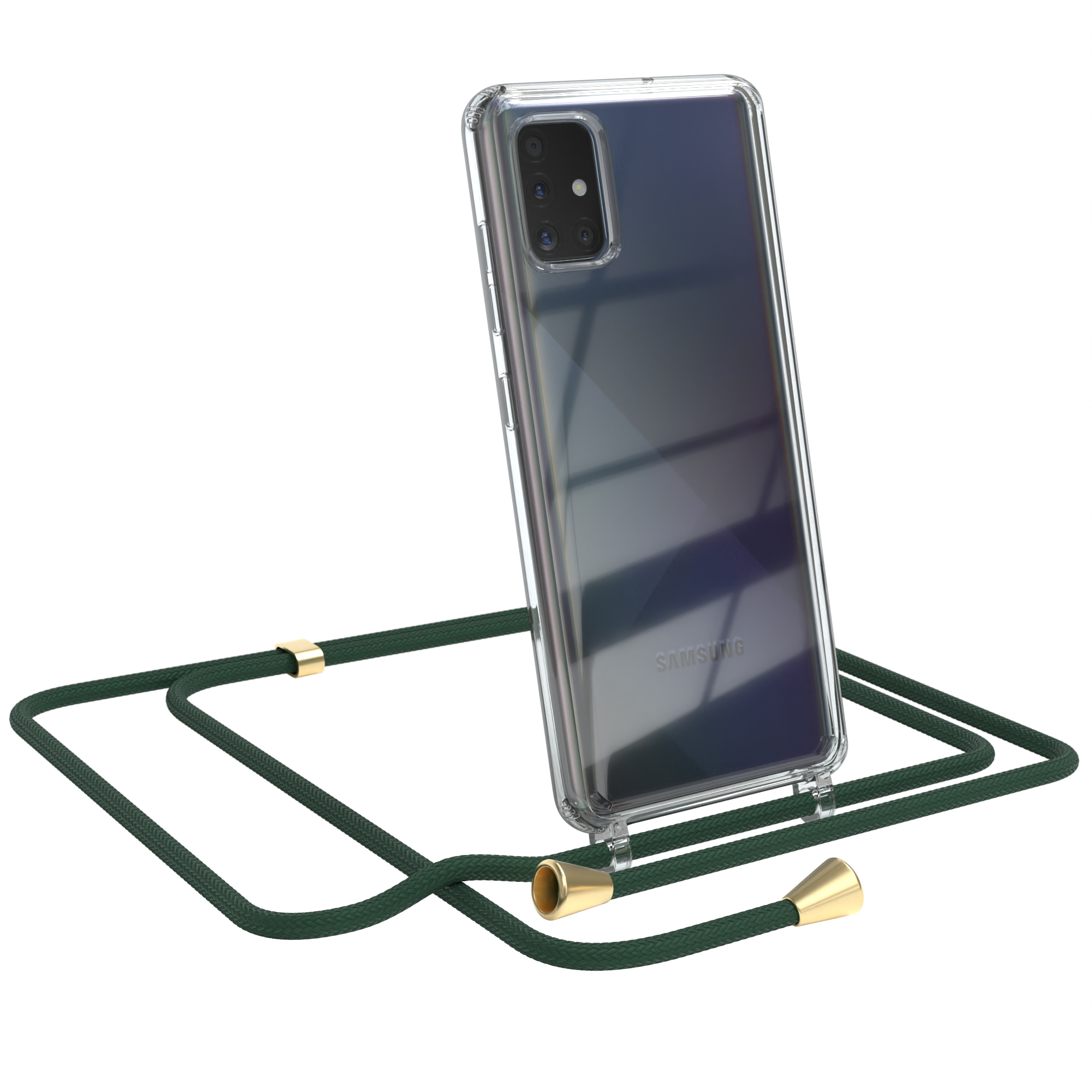 Telefon in klarer Hülle mit grünem Kabel. Telefon abgewinkelt. Weißer Hintergrund.
