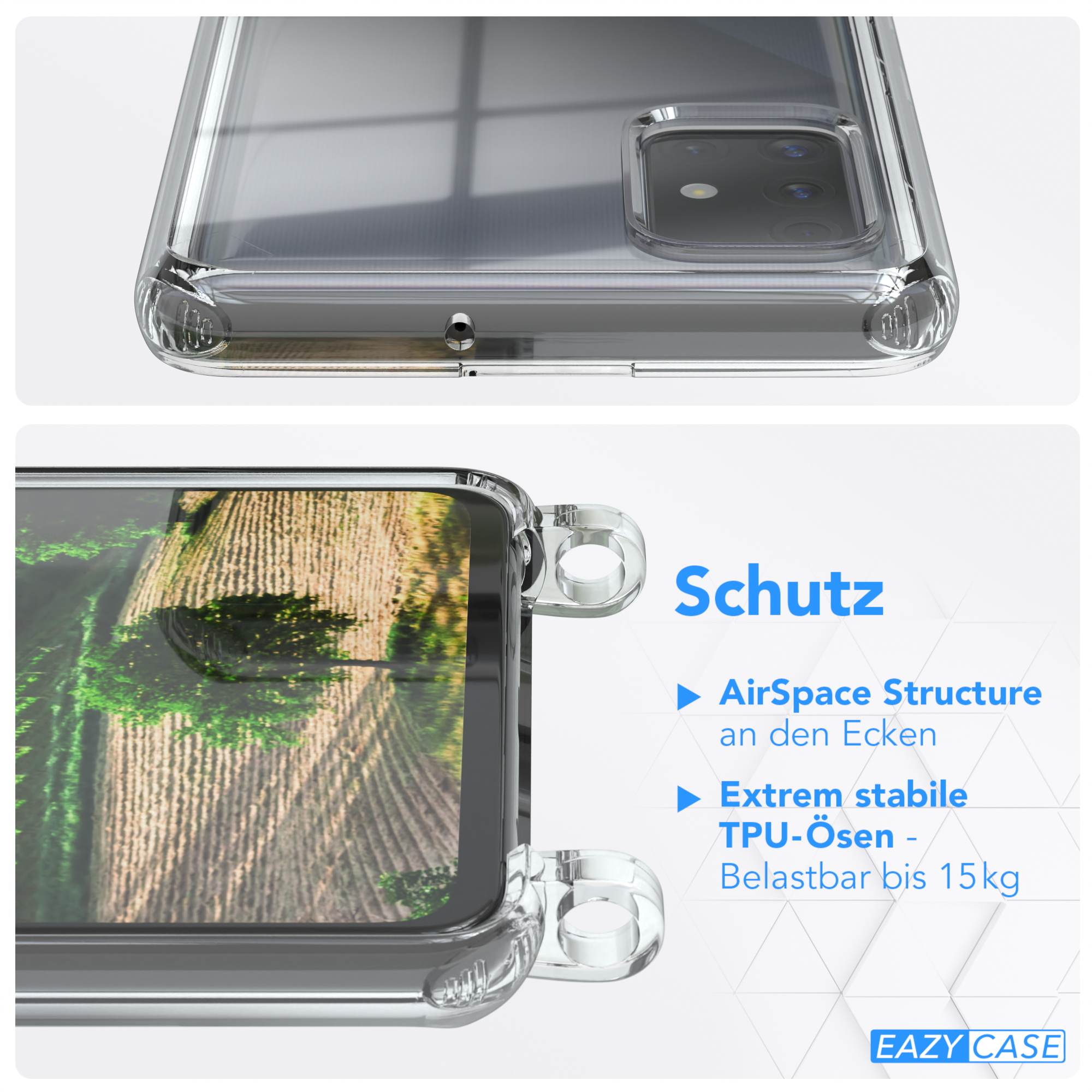 Nahaufnahme einer Handyhülle mit Text über Schutzfunktionen.