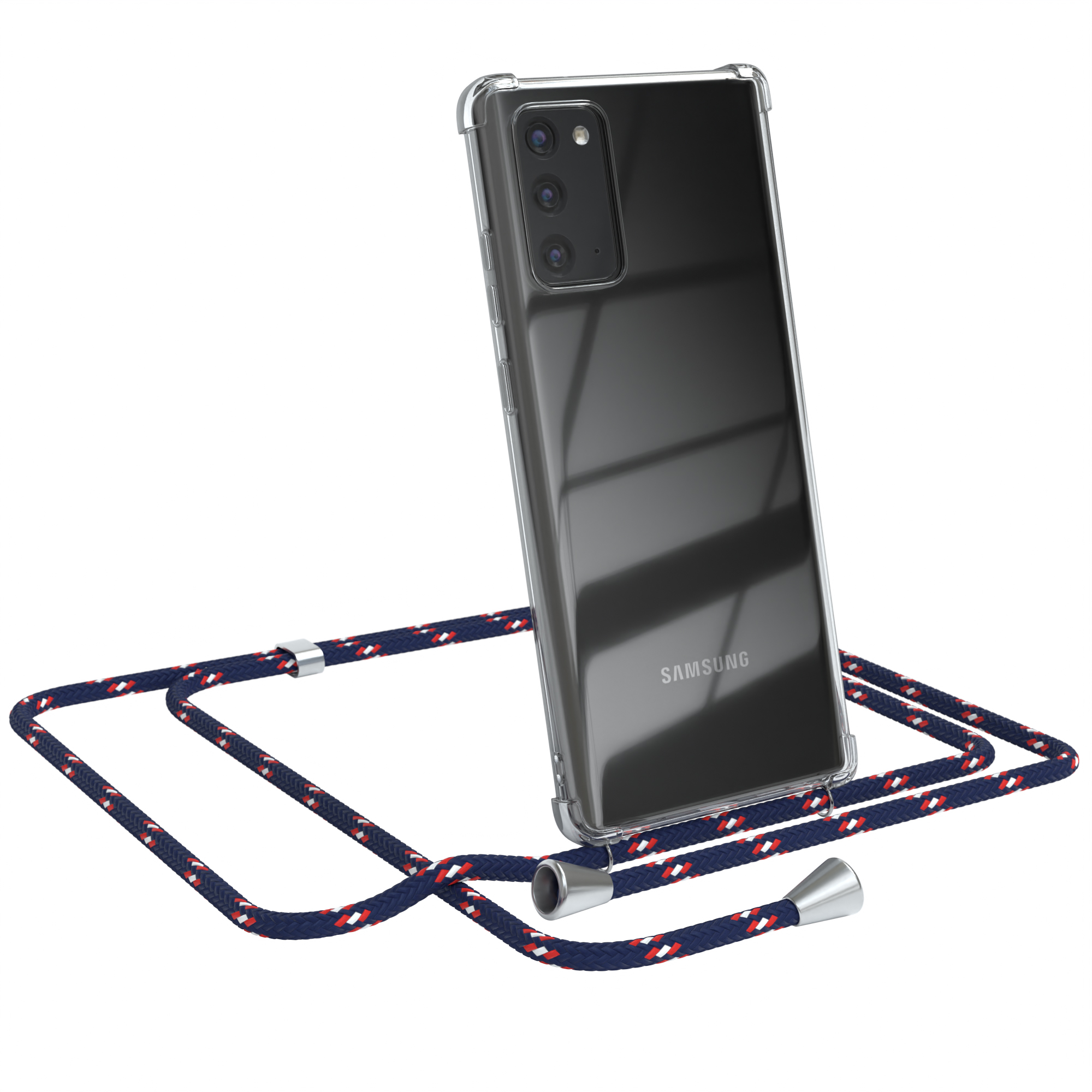 Transparente Handyhülle mit blau-rotem Lanyard auf weißem Hintergrund. Samsung Telefon.