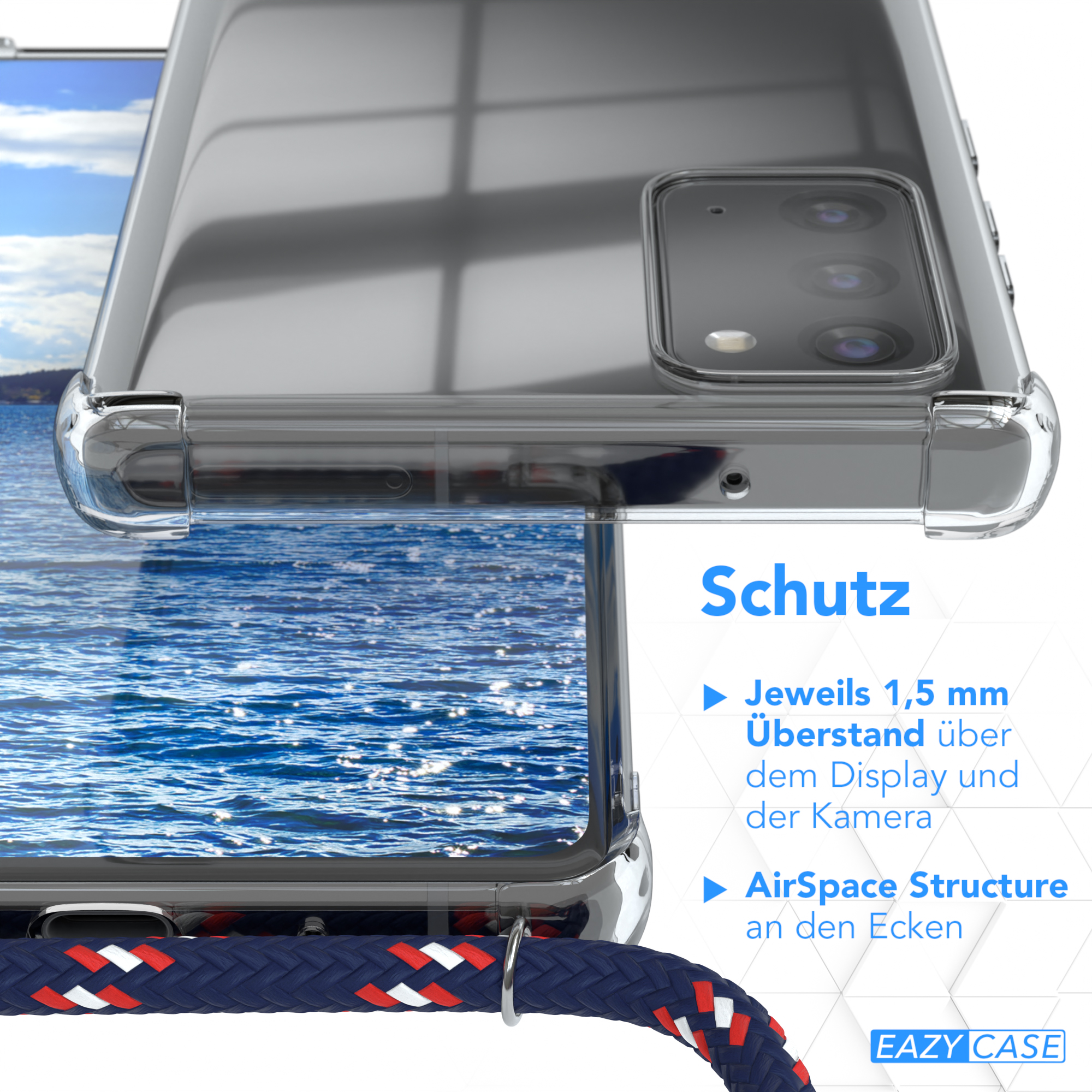 Transparente Handyhülle auf dem Telefon. Text: Schutz, AirSpace Structure und 1,5 mm Displayschutz.