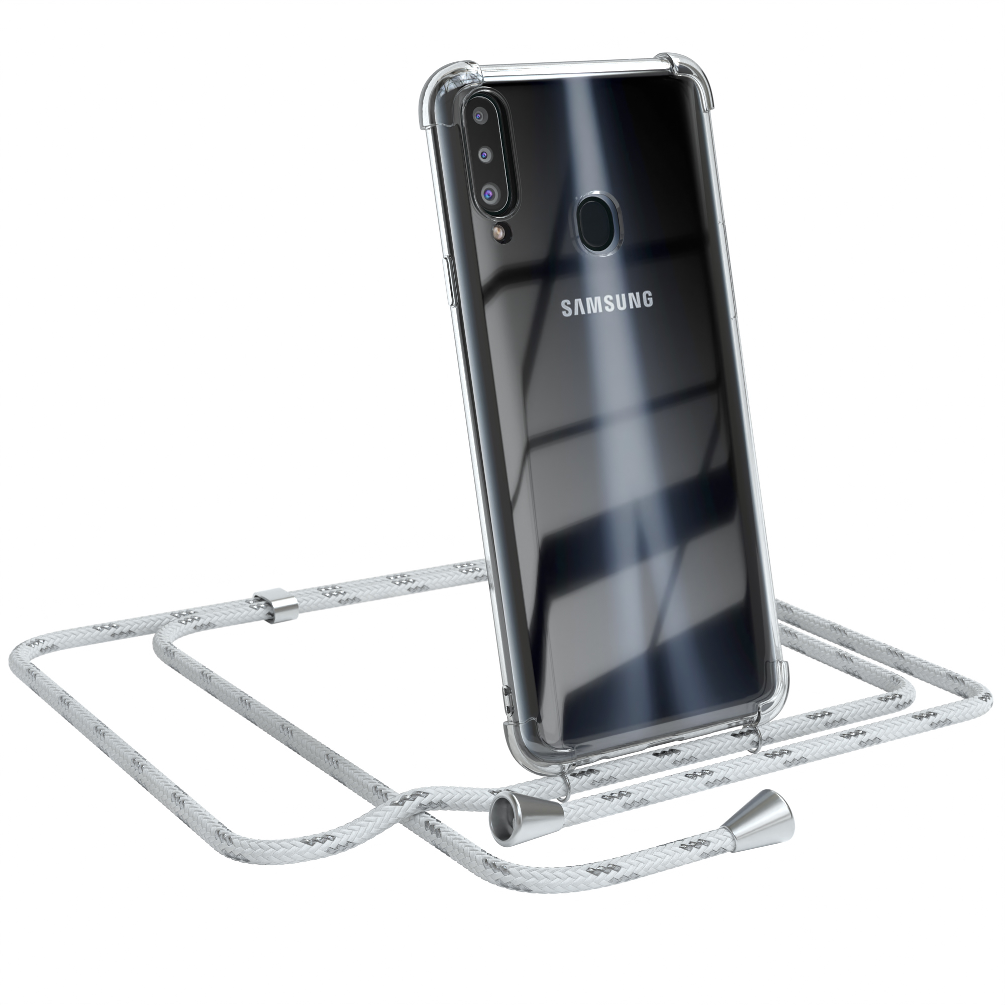 Telefon in klarer Hülle mit weißem Seil. Das Telefon ist von Samsung. Der Hintergrund ist weiß.