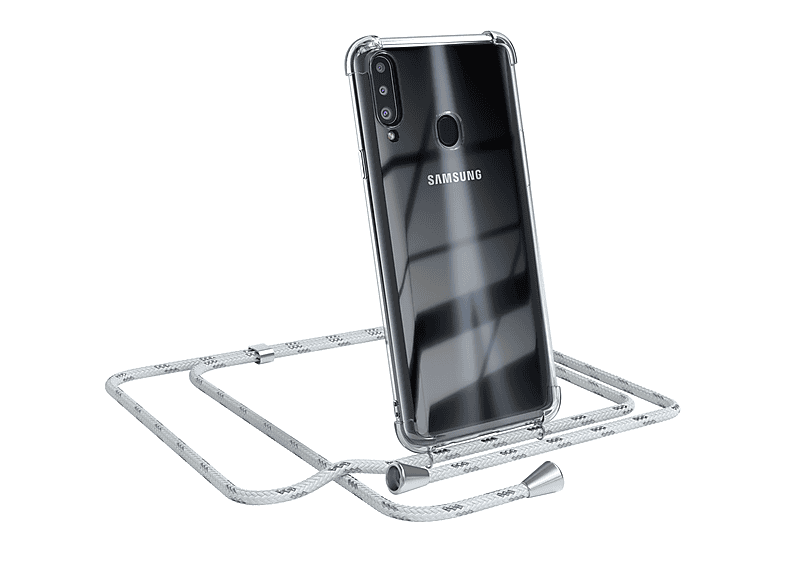 EAZY CASE Clear Cover mit Umhängeband, Umhängetasche, Silber Weiß Galaxy A20s, / Samsung, Clips