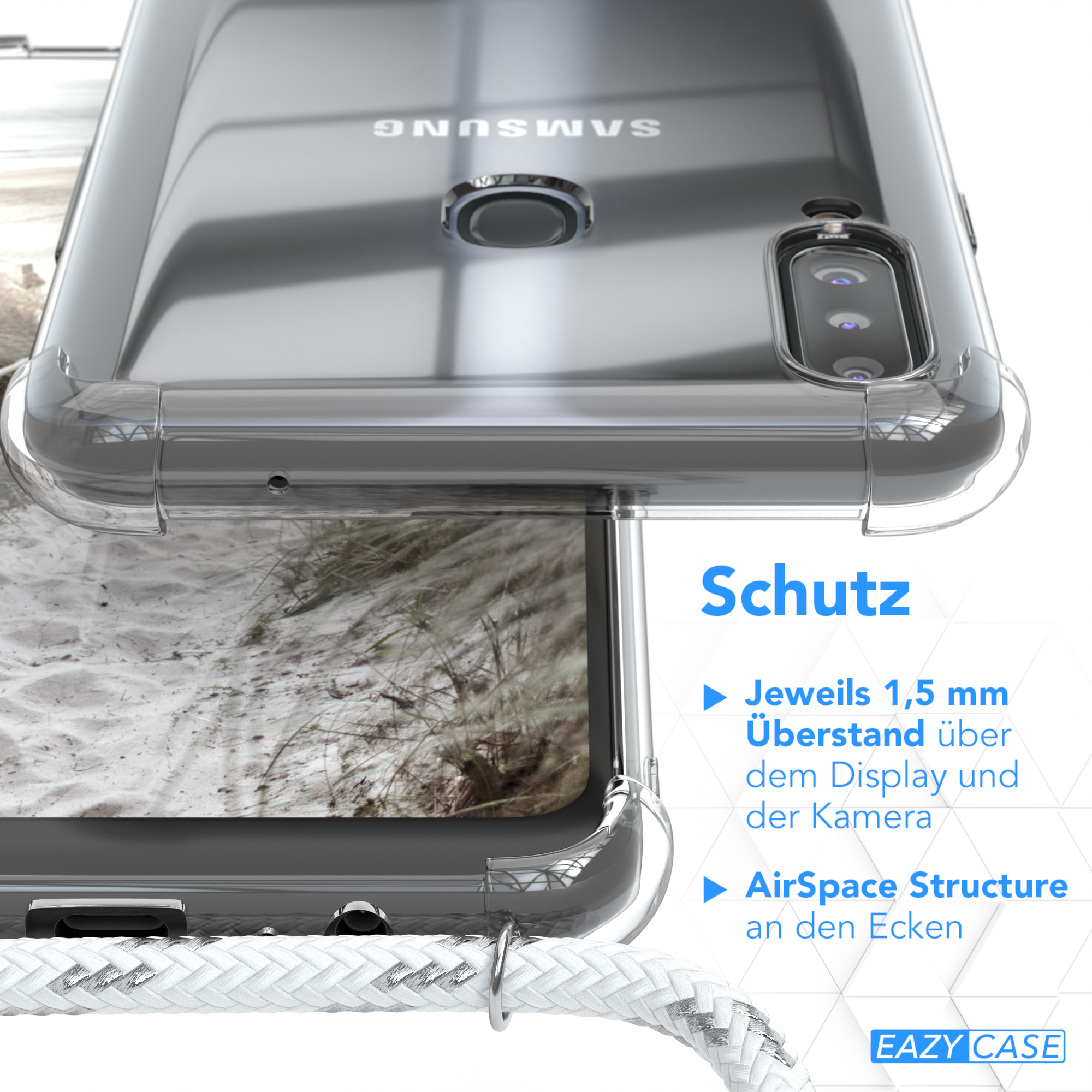 Nahaufnahme einer transparenten Handyhülle. Merkmale: AirSpace Structure und TPU-Ösen.