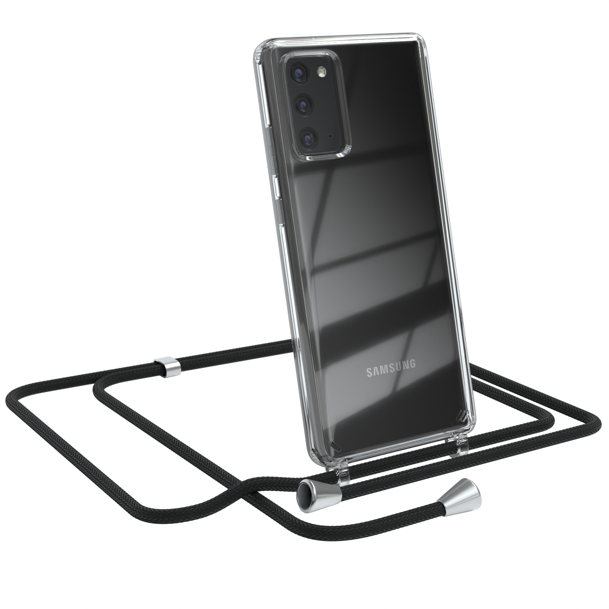 Samsung-Handy in klarer Hülle mit schwarzem Lanyard.