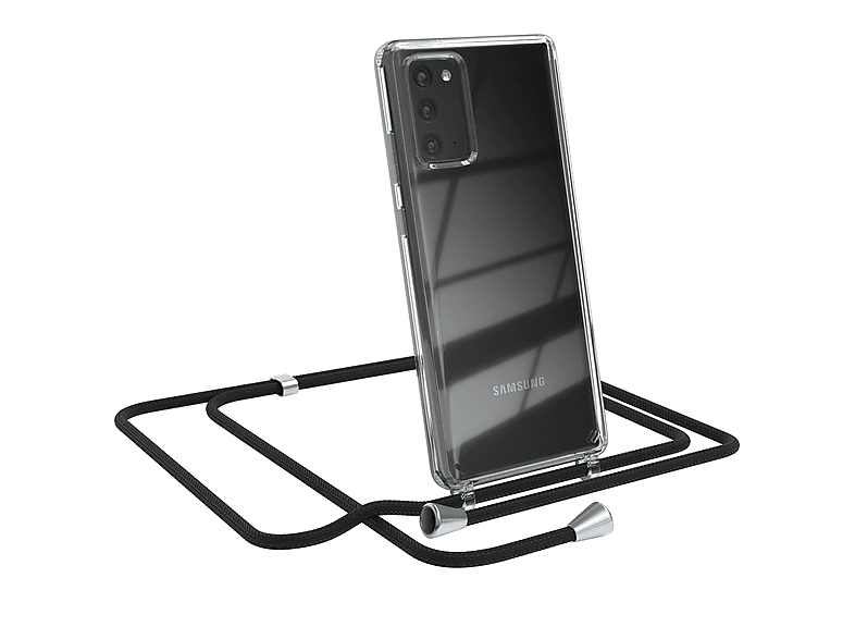 EAZY CASE Clear Cover mit Umhängeband, Umhängetasche, Samsung, Galaxy Note 20 / Note 20 5G, Schwarz / Clips Silber | Handyketten