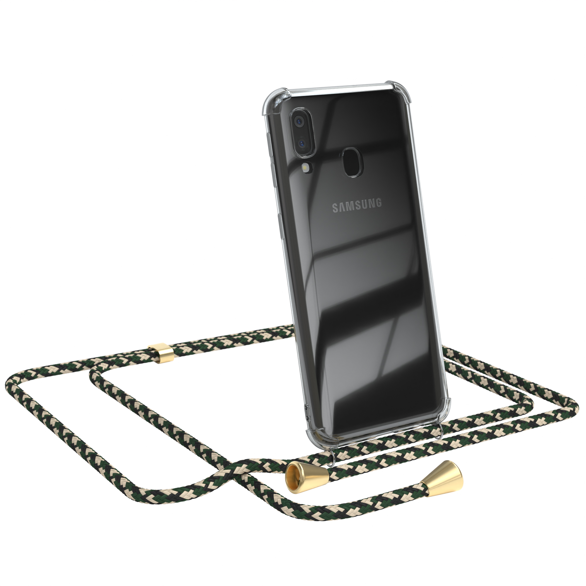 Transparente Handyhülle mit grünem und beigem Lanyard. Das Telefon ist ein Samsung.