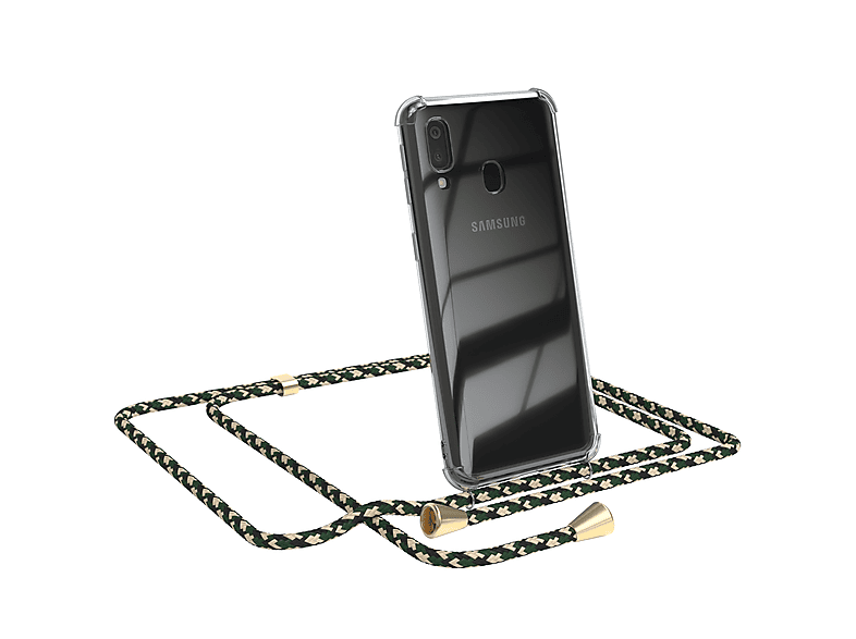 EAZY CASE Clear Cover mit Umhängeband, Umhängetasche, Samsung, Galaxy A40, Grün Camouflage / Clips Gold