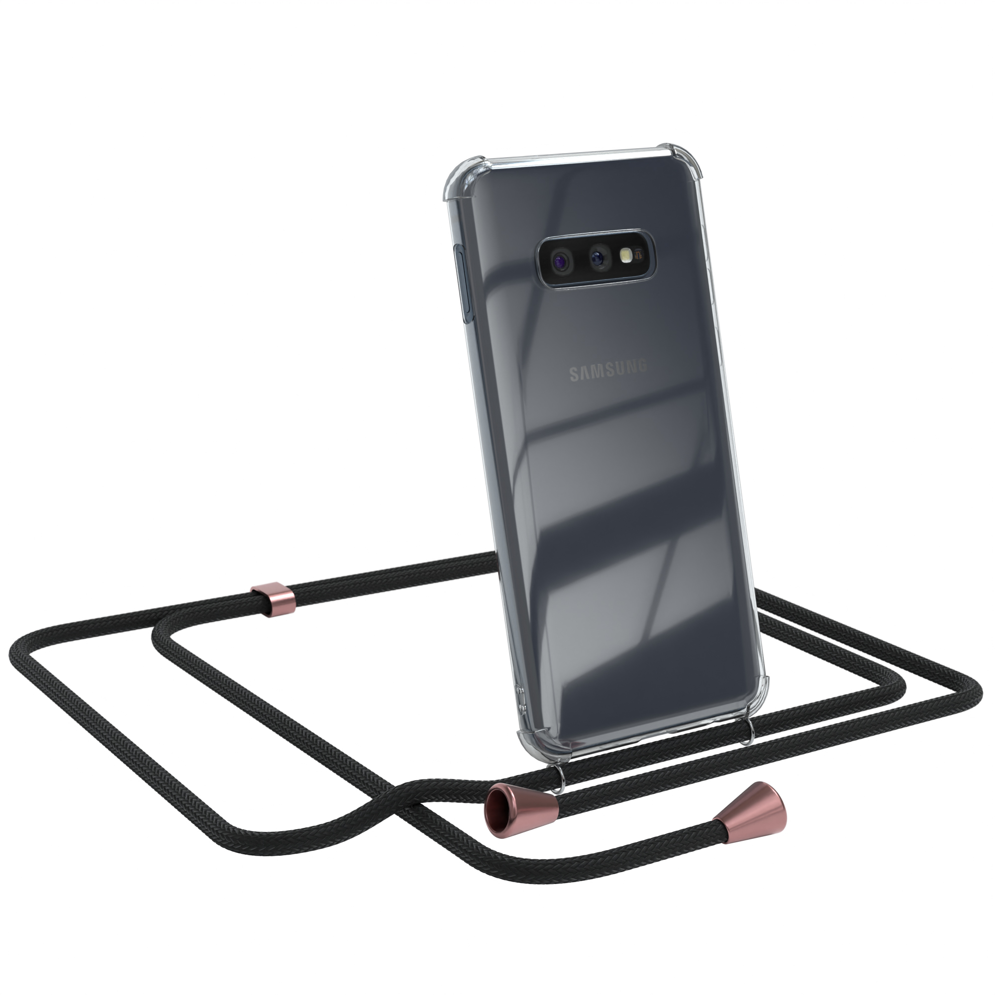 Transparente Handyhülle mit schwarzem Lanyard, roségoldenen Akzenten und Samsung-Handy.